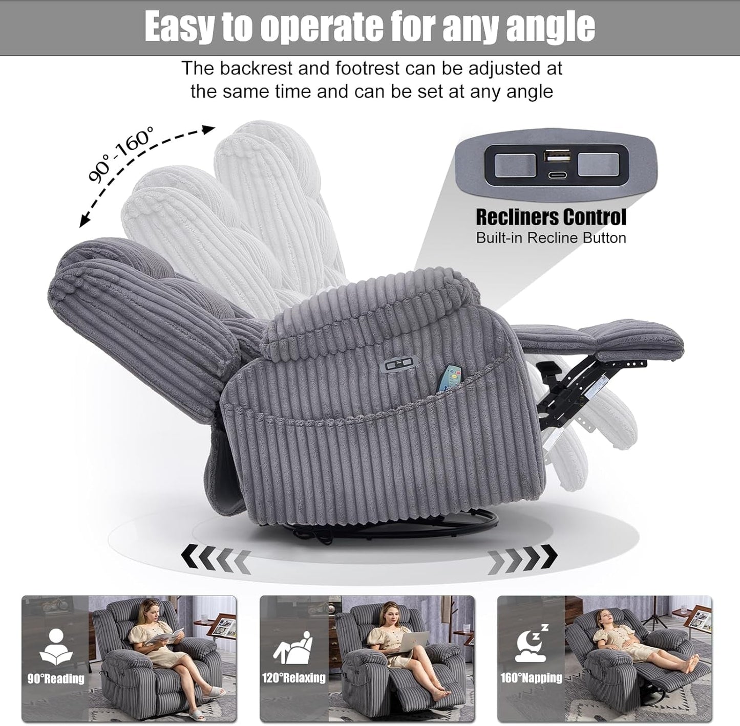 Grey Heated Massage Power Recliner With USB Port Charging