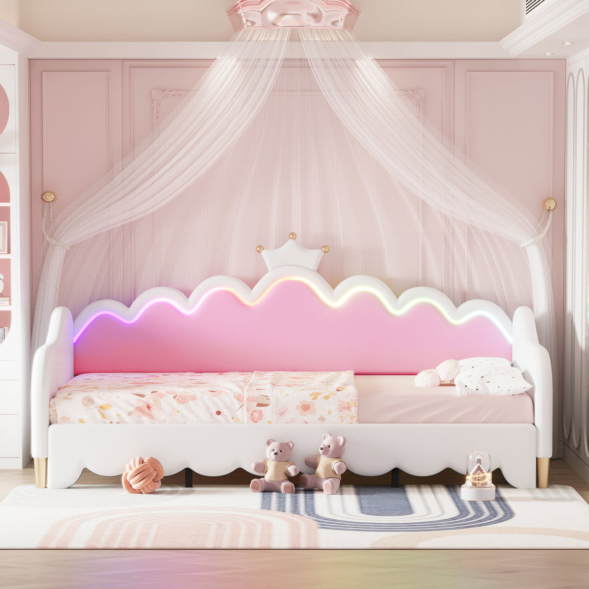 Twin Extending Daybed with LED Lights, Modern Upholstered Princess Daybed