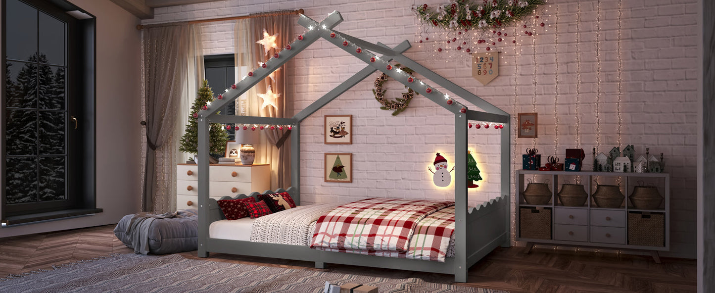 Full House Floor Bed with Support Slats, Solid Wood House Bed Frame for Kids, No Box Spring Needed and Opening Constructure, Gray