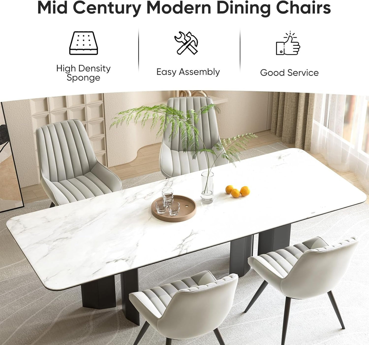 Grey Upholstered Dining Chairs Set Of 4 With Thick Cushions And Metal Legs