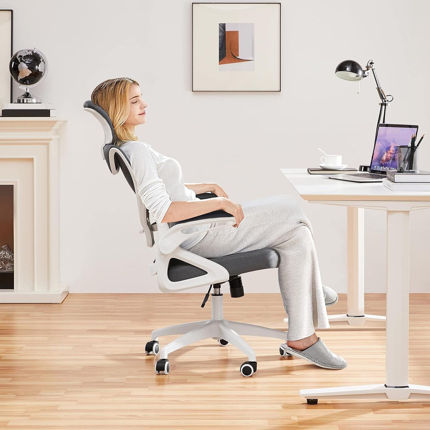 Ergonomic Mesh Office Chair White Gray With Flip Up Armrests