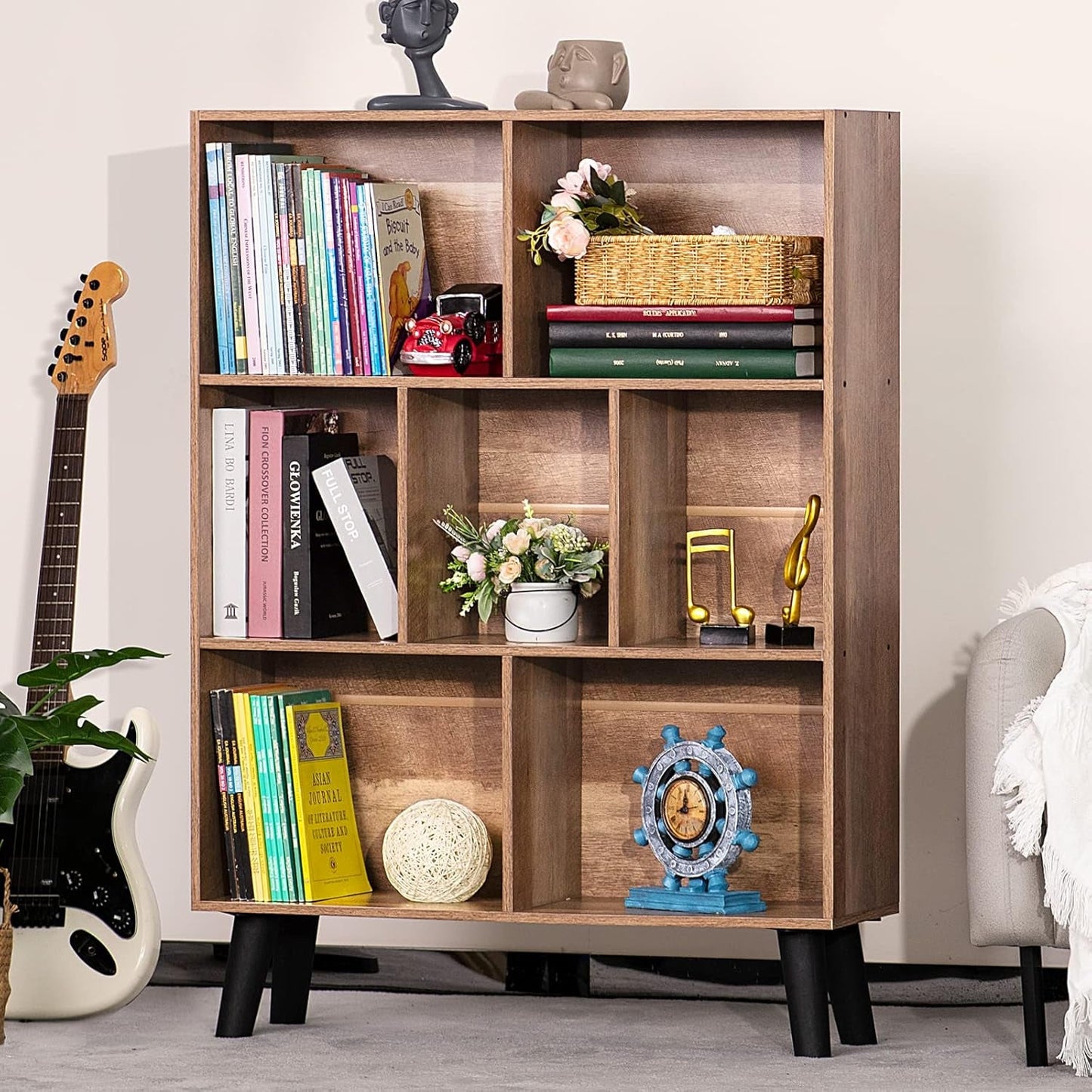 7 Cube Bookshelf 3 Tier Modern With Legs Oak Grey Display
