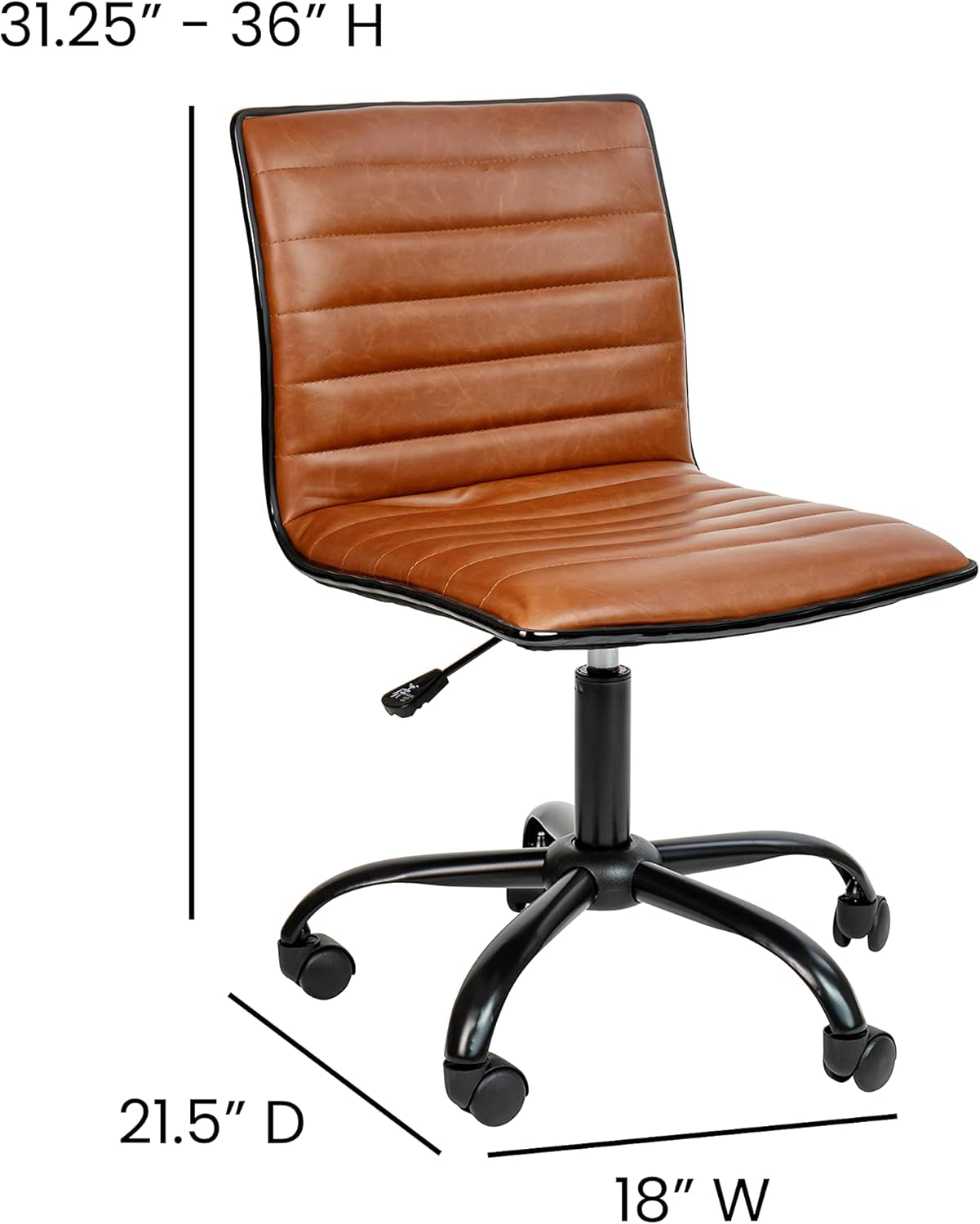 Low-Back Ribbed Upholstered Vinyl Swivel Desk Chair, Brown, Adjustable Height