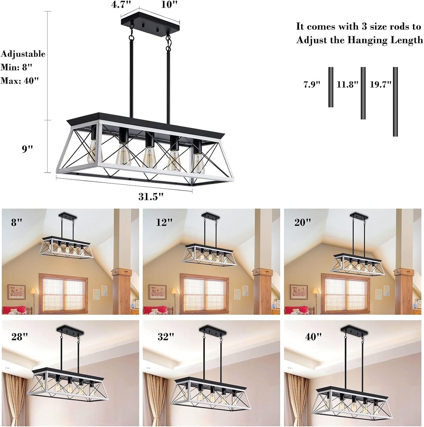 5-Light Farmhouse Pendant Linear Chandelier