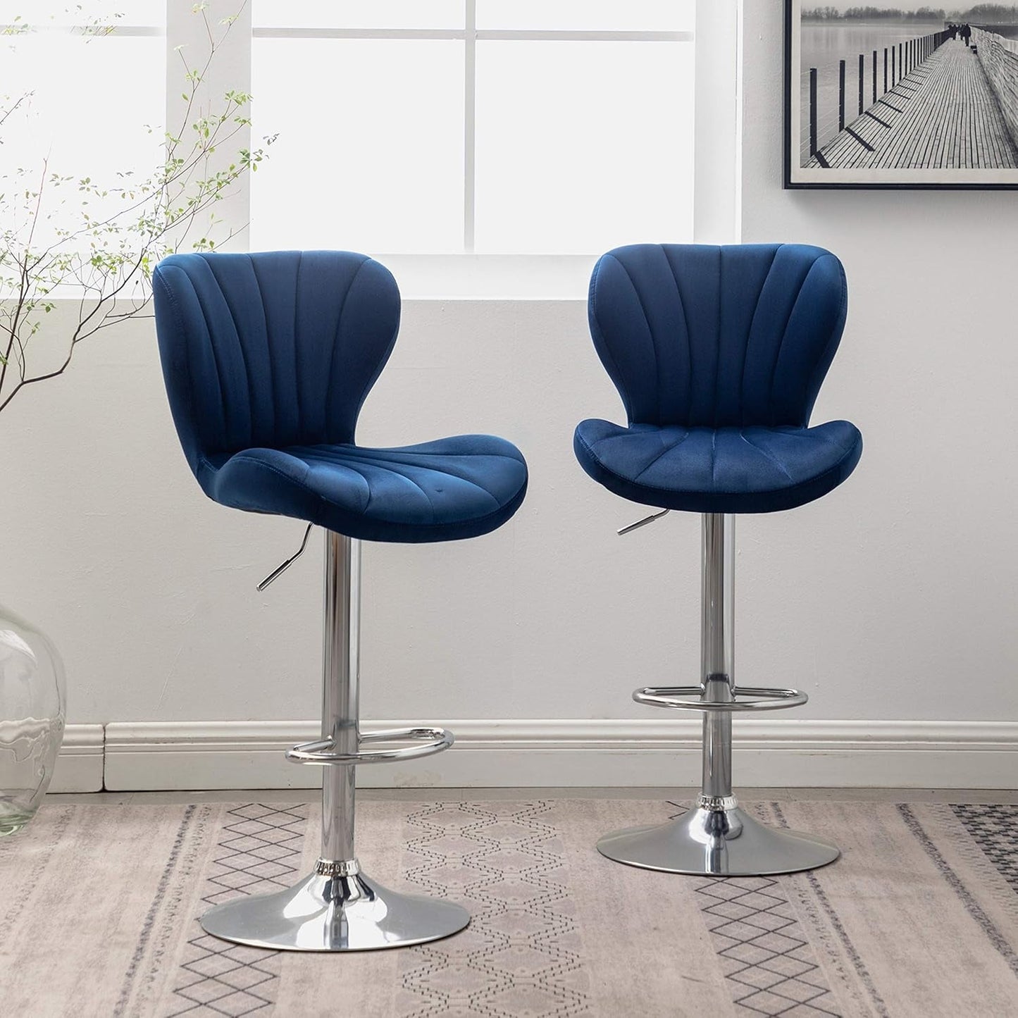 Blue Velvet Adjustable Swivel Bar Stools Set of 2 Modern