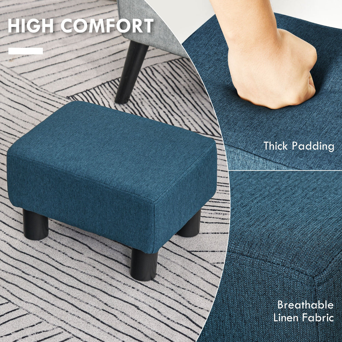 HomCom 16" Cube Modern Linen Pouf Ottoman with Black Legs, Dark Blue