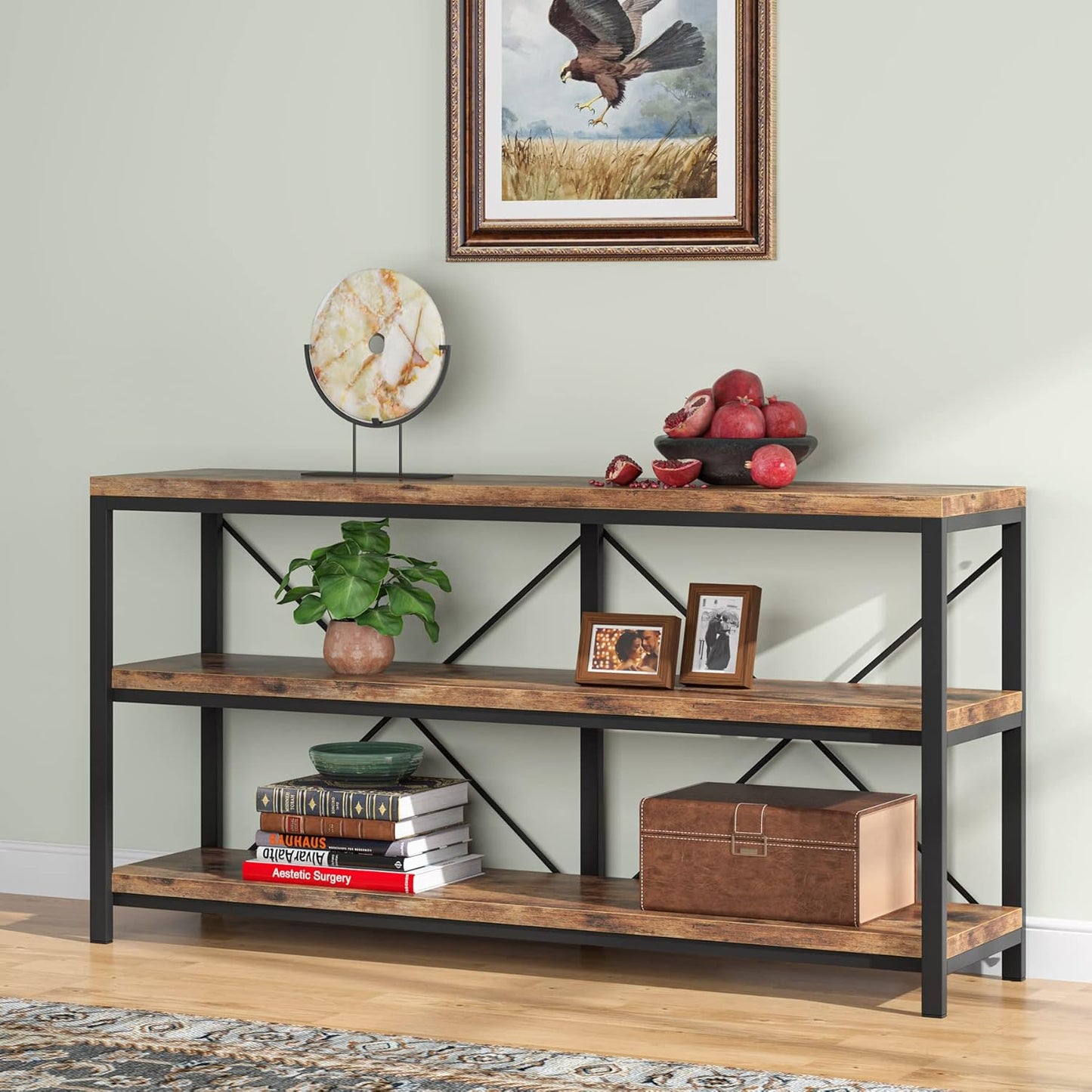 55” Industrial Console Table with Storage Shelves – Rustic