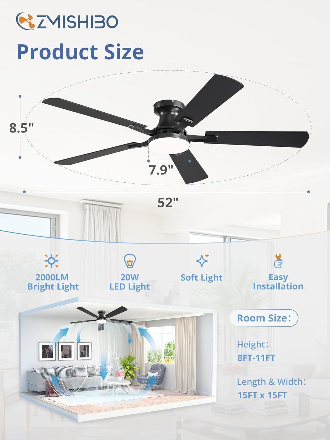 52 Inch Matte Black Ceiling Fan With Dimmable LED Light
