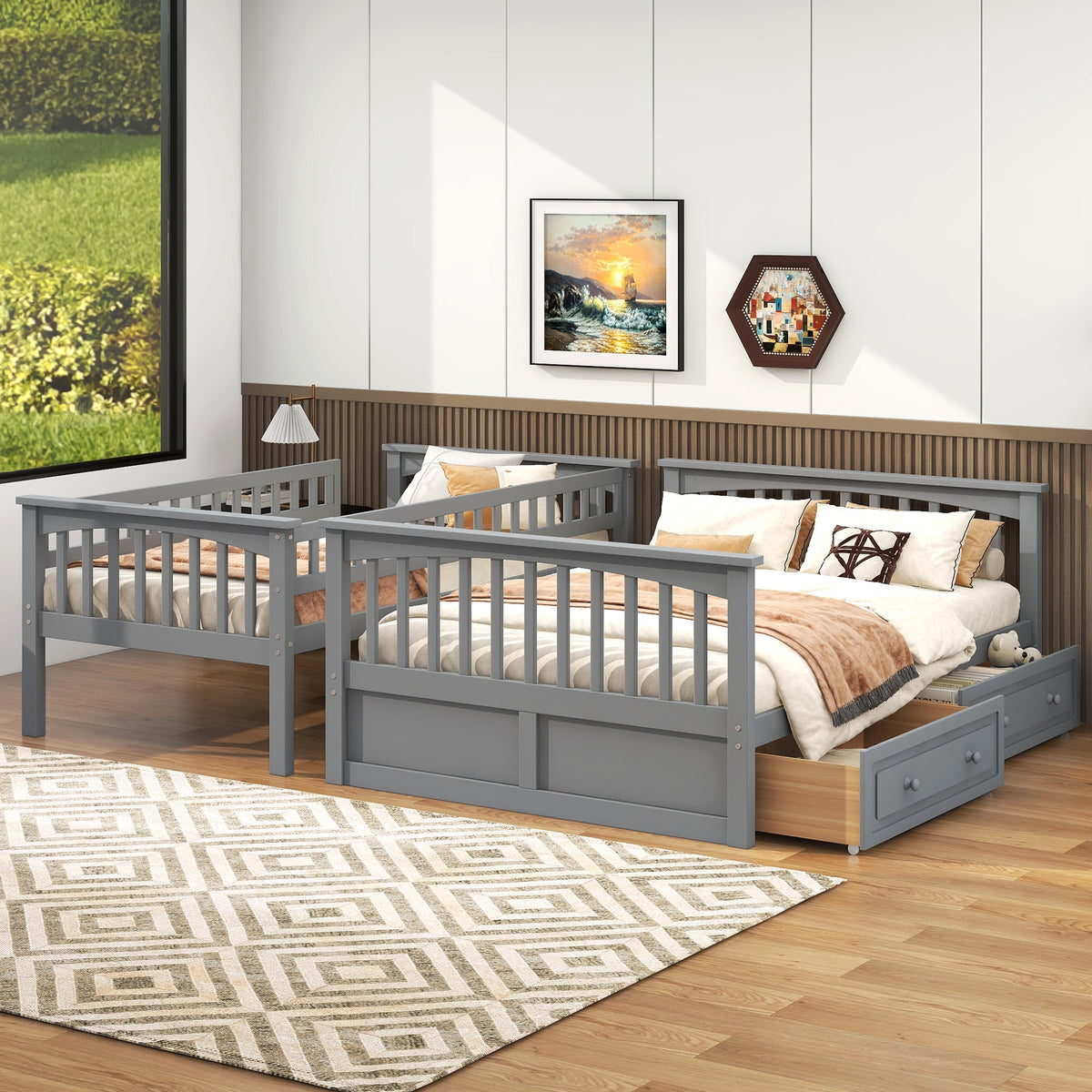 Twin Over Full Bunk Bed with Drawers, Convertible Beds