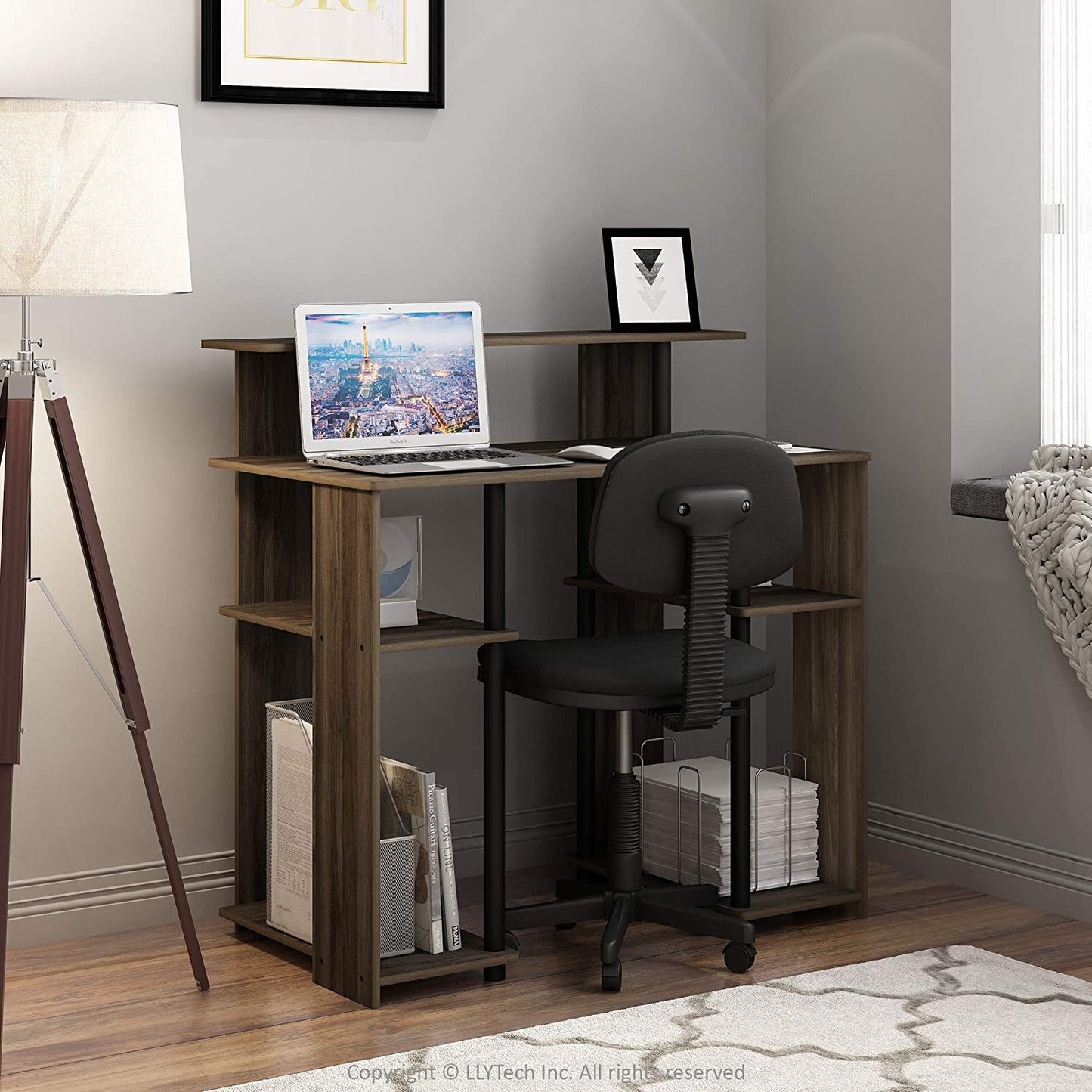 Walnut and Black Writing Desk With Shelves And Elevated Printer Shelf