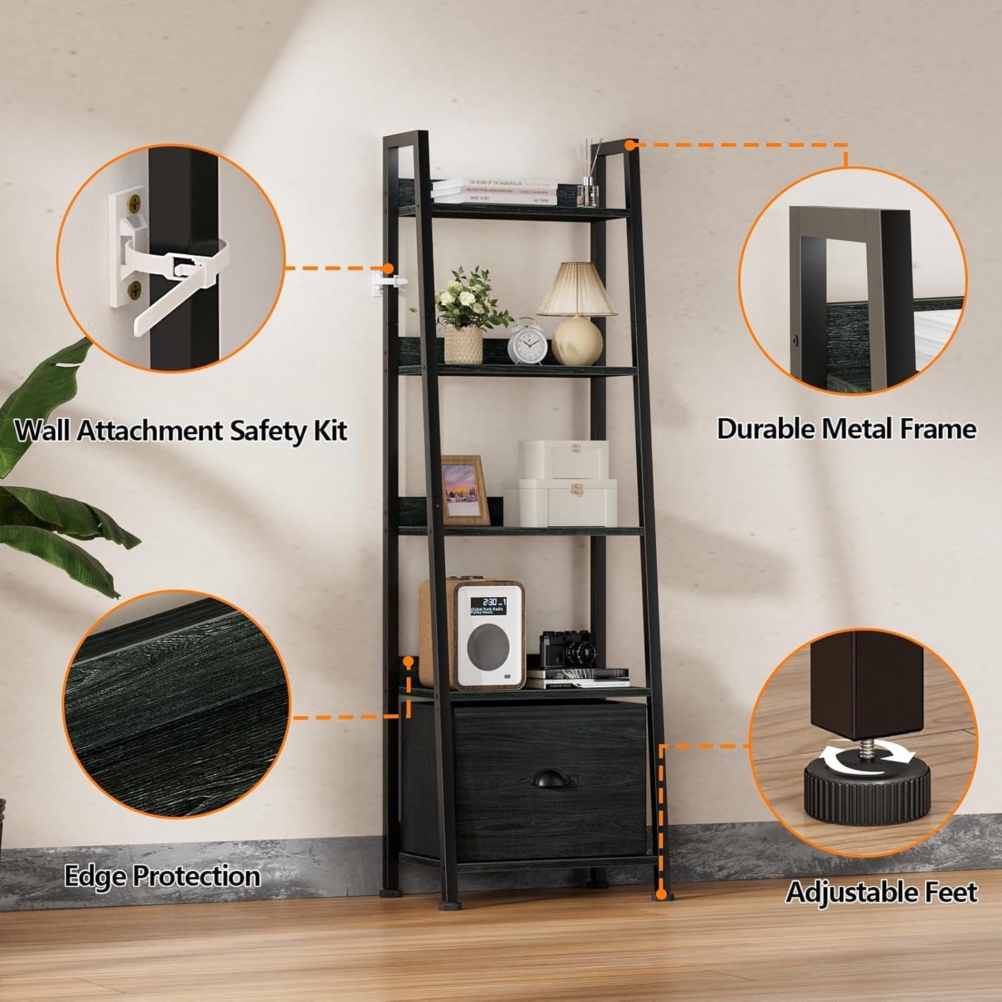 5 Tier Ladder Shelf With Drawer Narrow Black Oak Finish