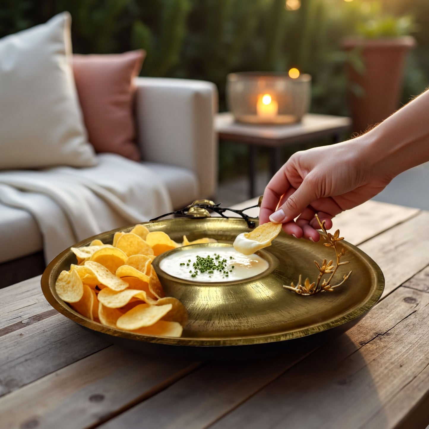 Chip and Dip Platter - Rustic Snack Serving Set with Stainless Steel Tray