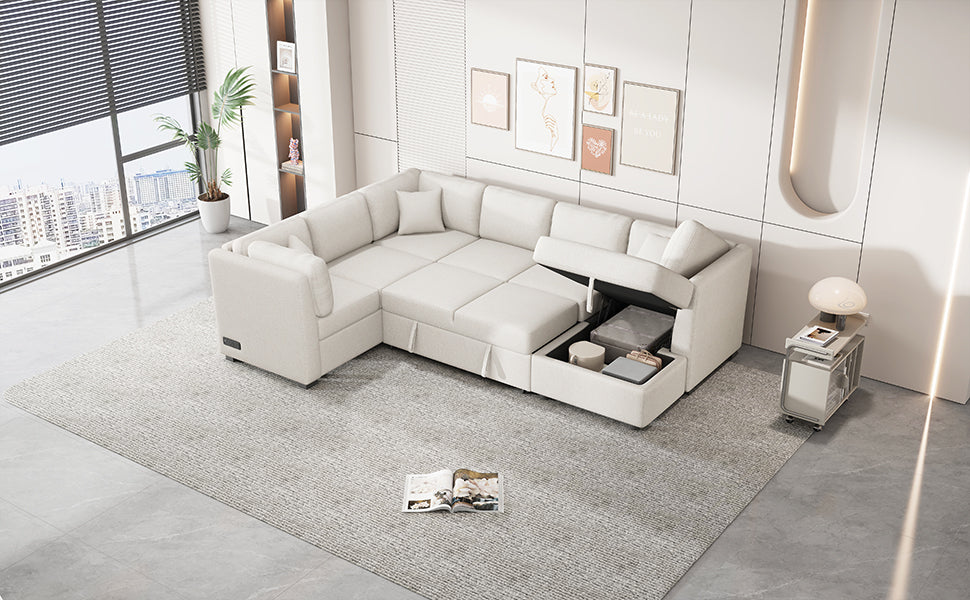 108.6" U-Shaped Sectional Sofa Pull-Out Bed with USB Ports
