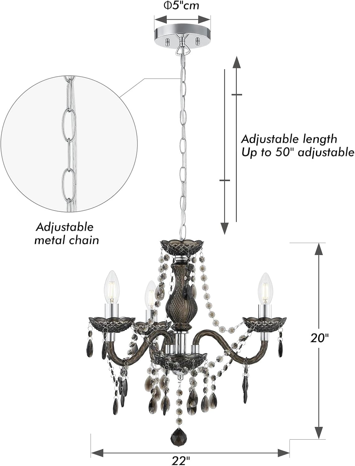 Black Small Crystal Chandelier Dimmable 3 Light Pendant