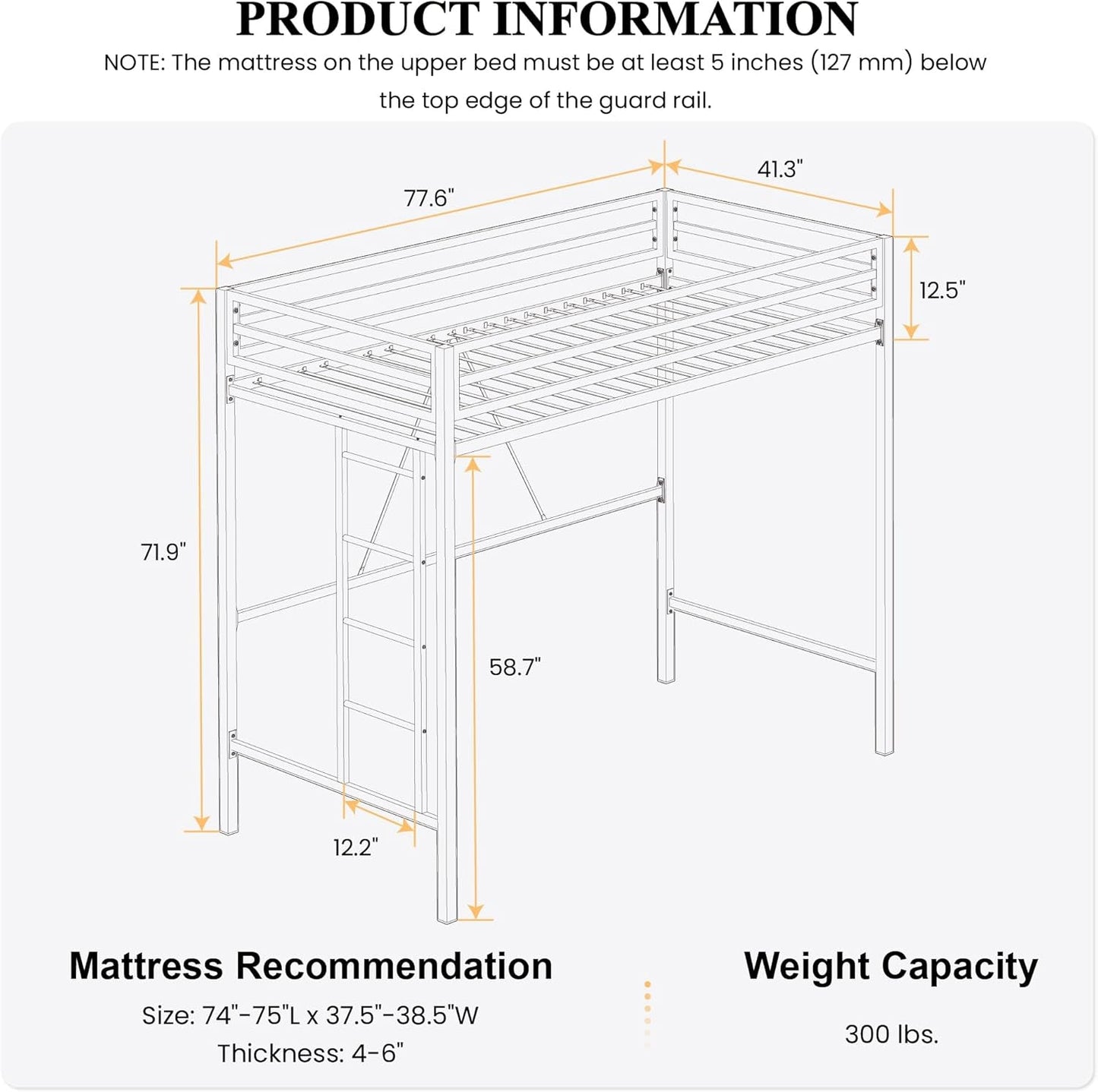 Loft Bed Twin Size Black With Ladder And Guardrail