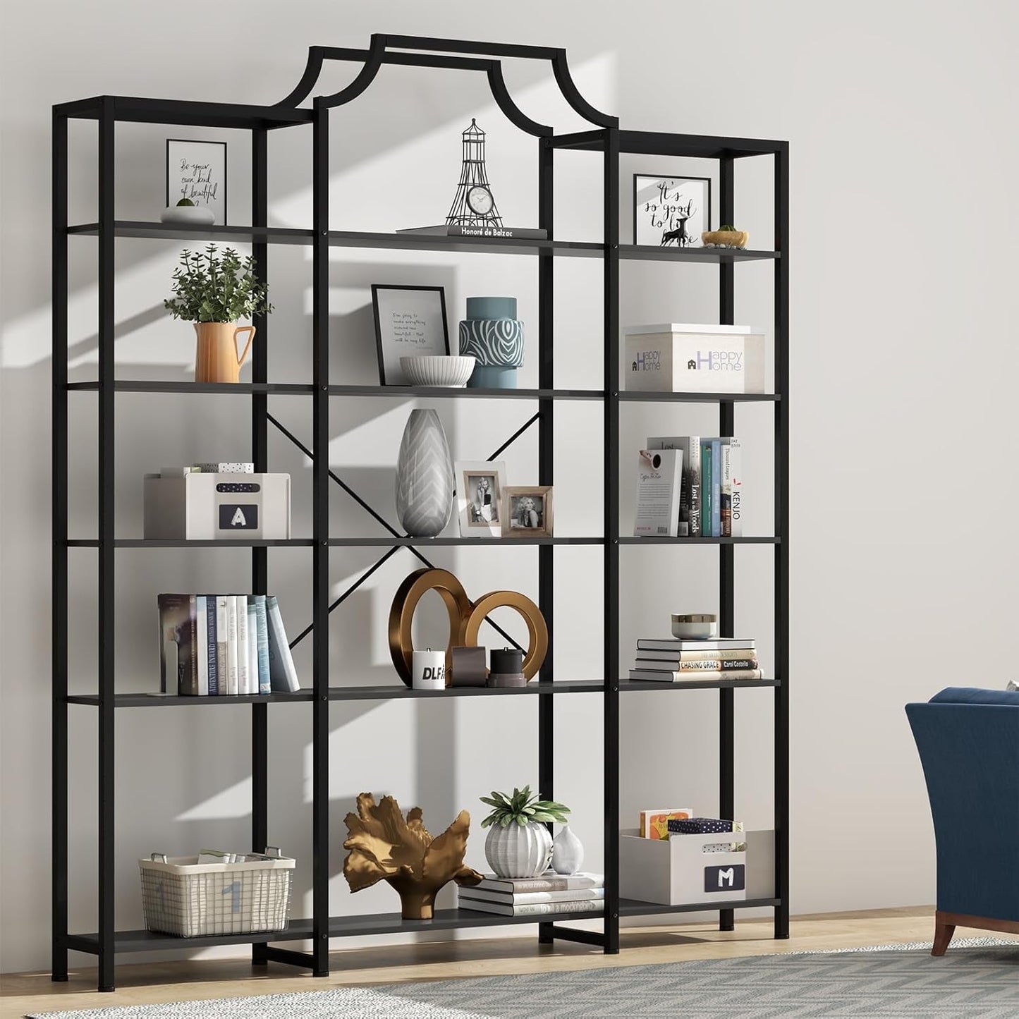 Triple Wide Five Tier Bookshelf For Living Room Organization
