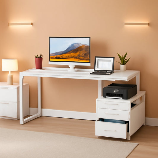 White Computer Desk With File Cabinet And Monitor Stand
