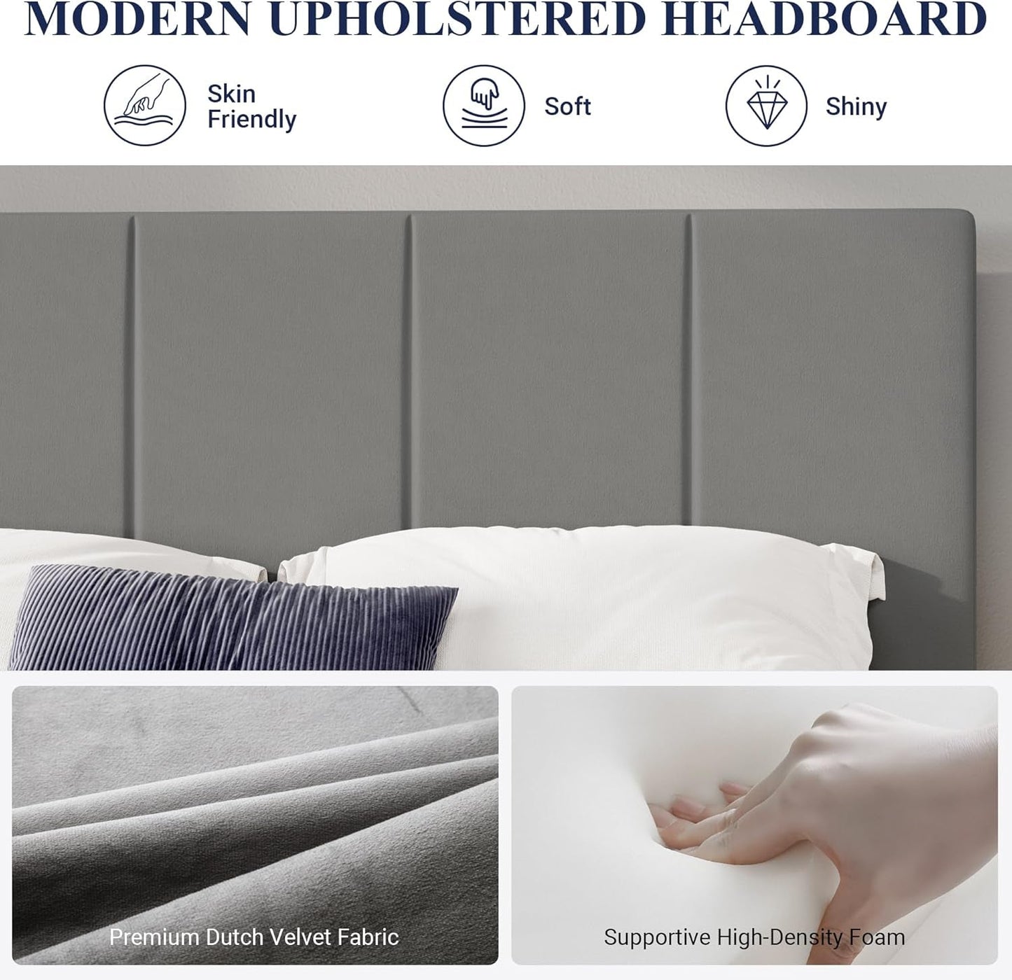 King Size Grey Velvet Upholstered Platform Bed Frame
