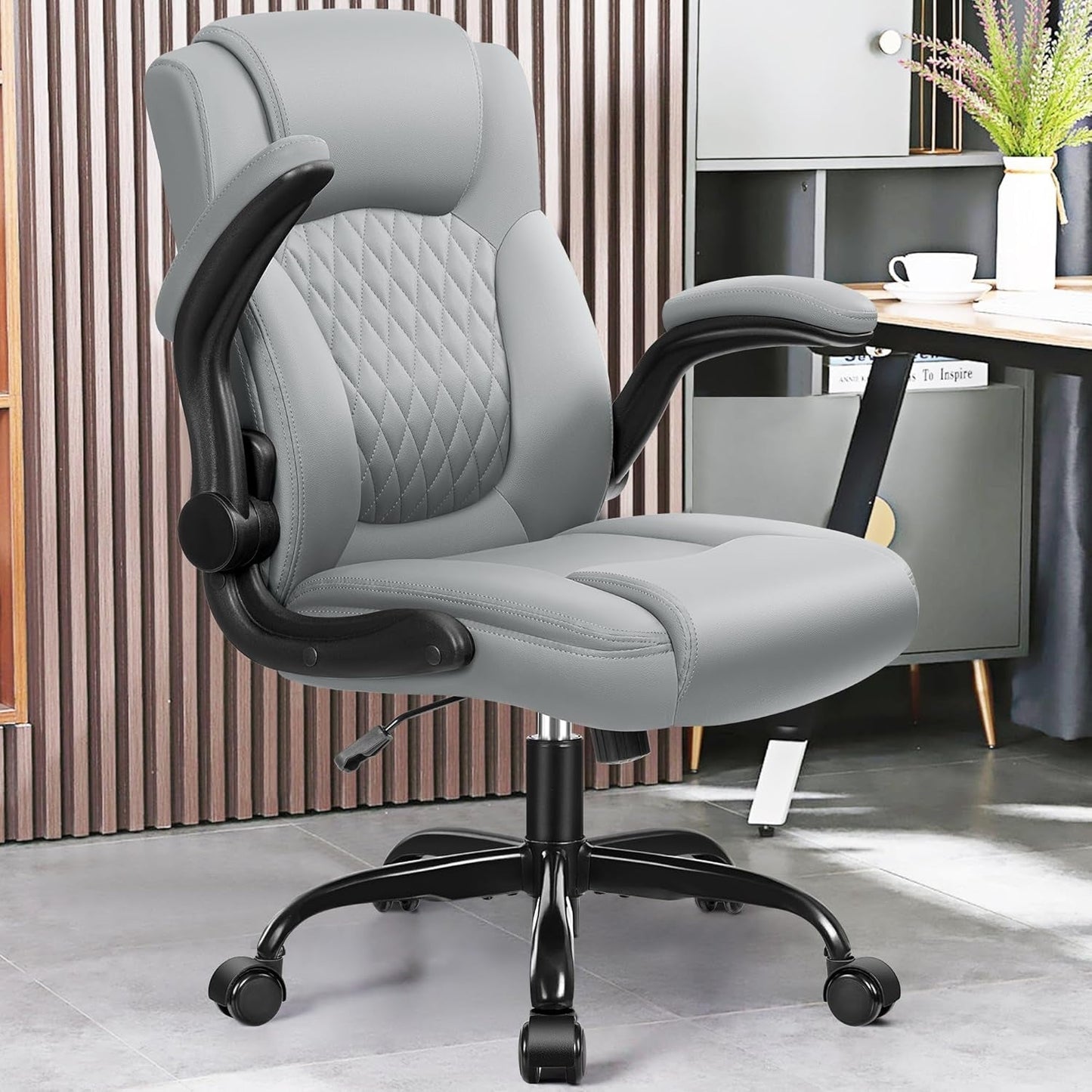 Gray PU Leather Office Chair With Ergonomic Back Support