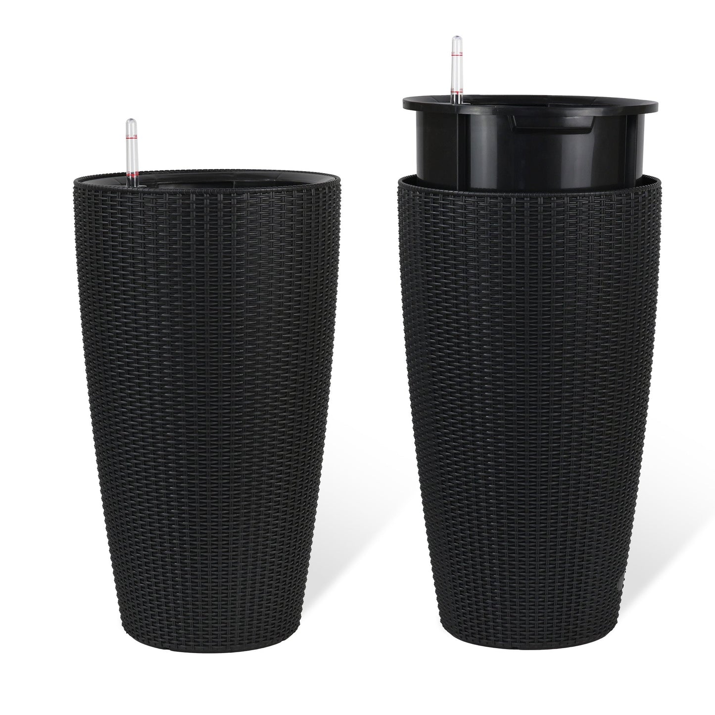 Faux Rattan Tall Planters Set with Water Level Monitor and Auto Watering, Black, Polypropylene, 22 Inch