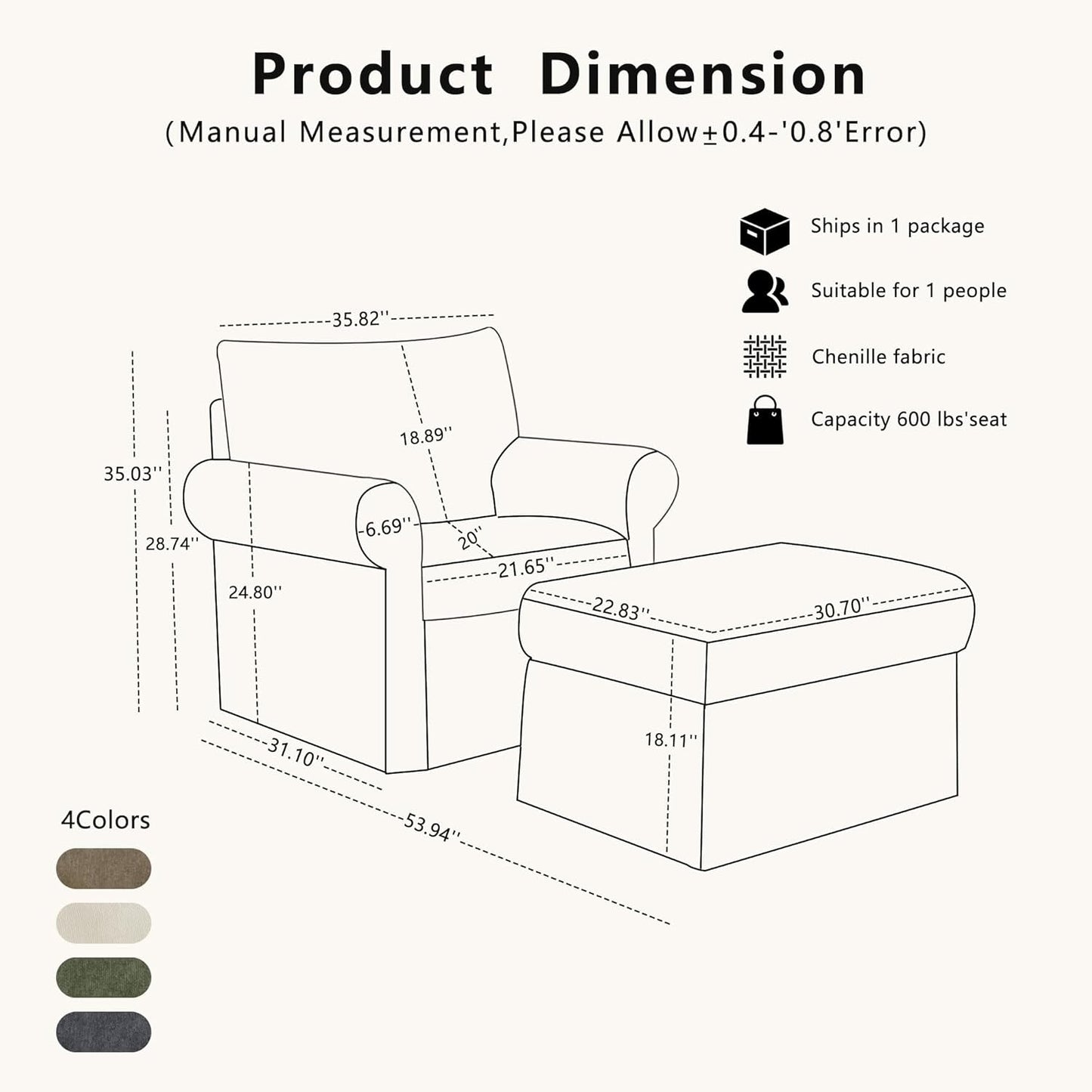 Gray 35 Inch Accent Chair With Ottoman And Chaise Lounge