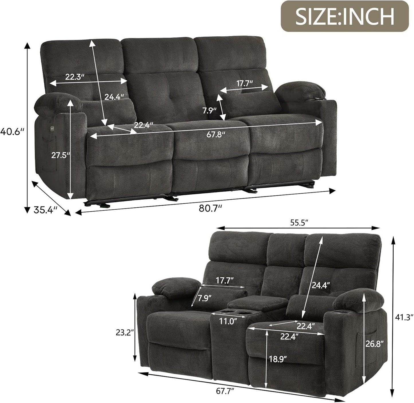 Power Reclining Sofa Set With Massage And USB Ports