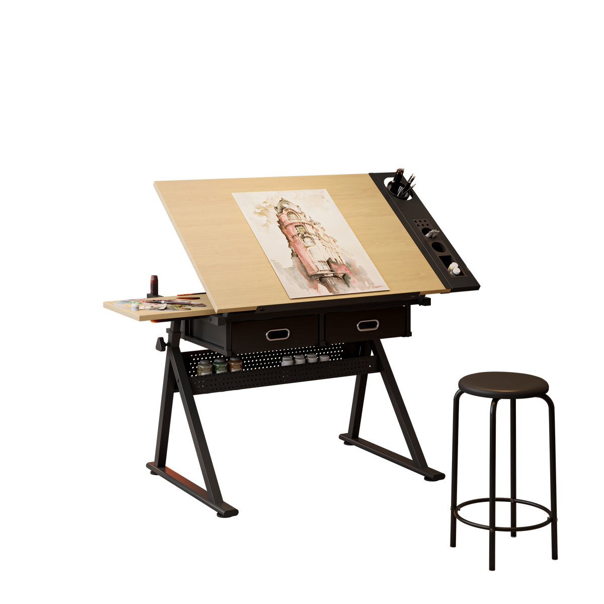 Adjustable Drawing Drafting Table Desk with Stool