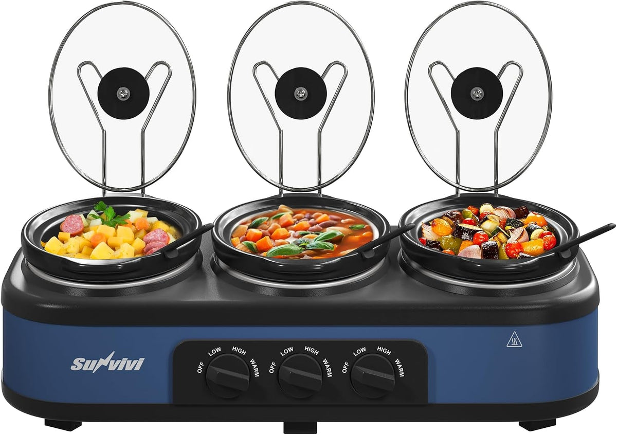 Triple Slow Cooker Buffet Food Warmer with 3 x 1.5 QT Removable Ceramic Pots