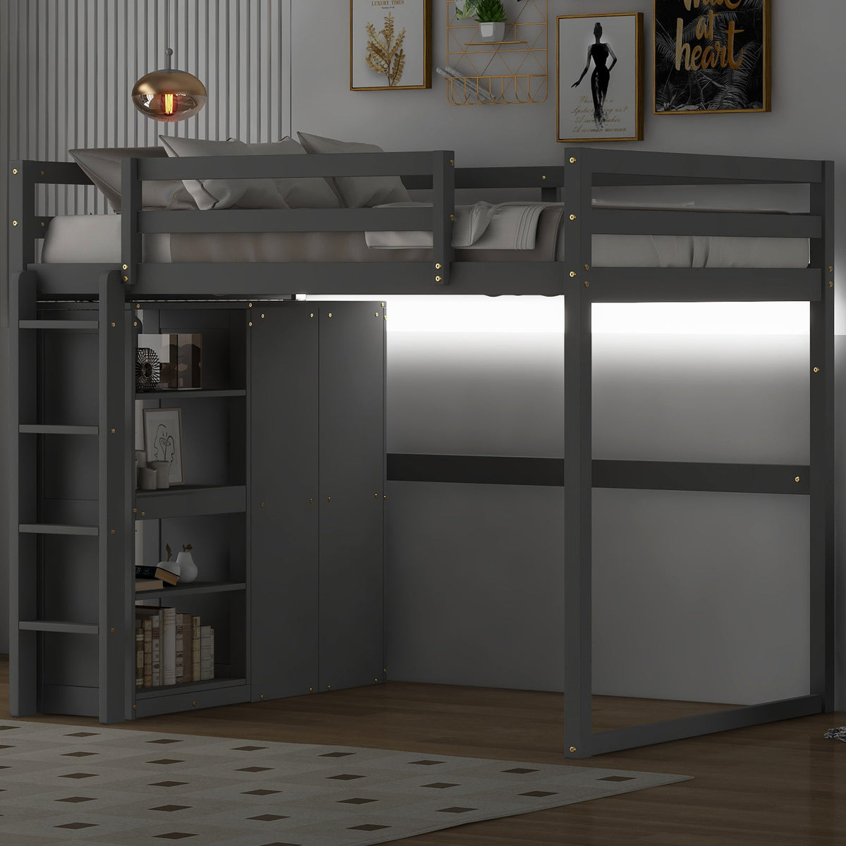 Wood Full Size Loft Bed With Built-in Wardrobe and Storage Shelves