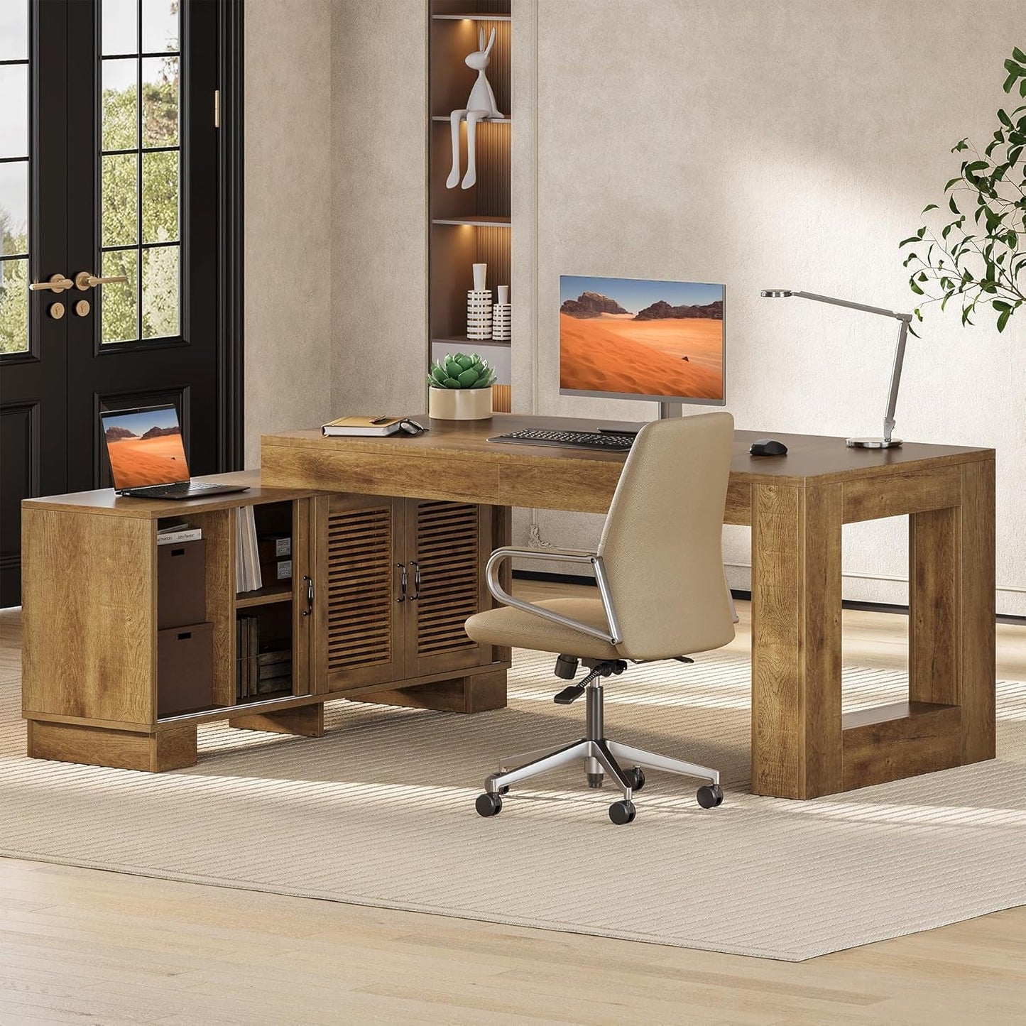 Brown 63 Inch Long L Shaped Desk With Sliding Cabinets