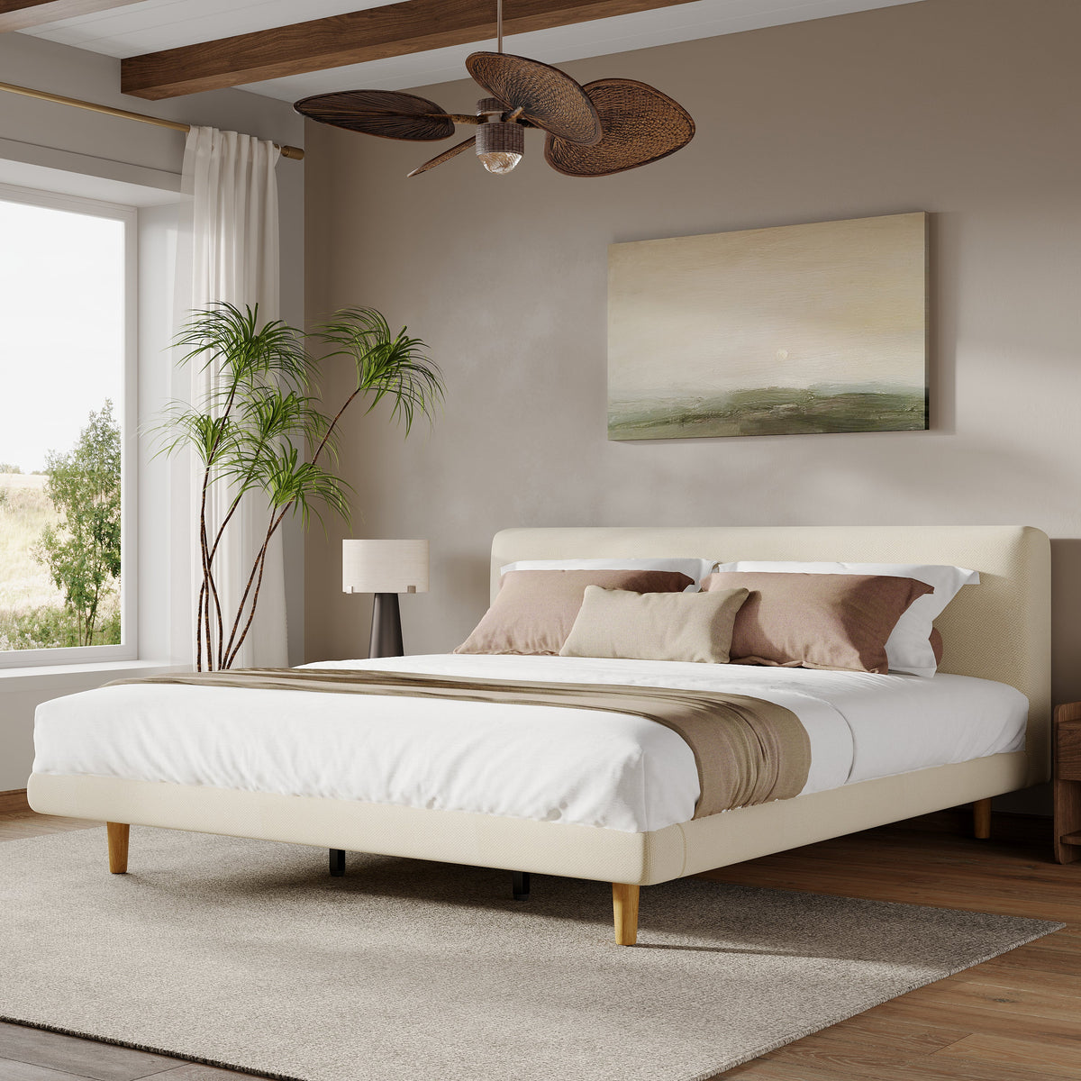 Beige Chunky Headboard Bed Frame, Solid Rubberwood Legs, Cal-King