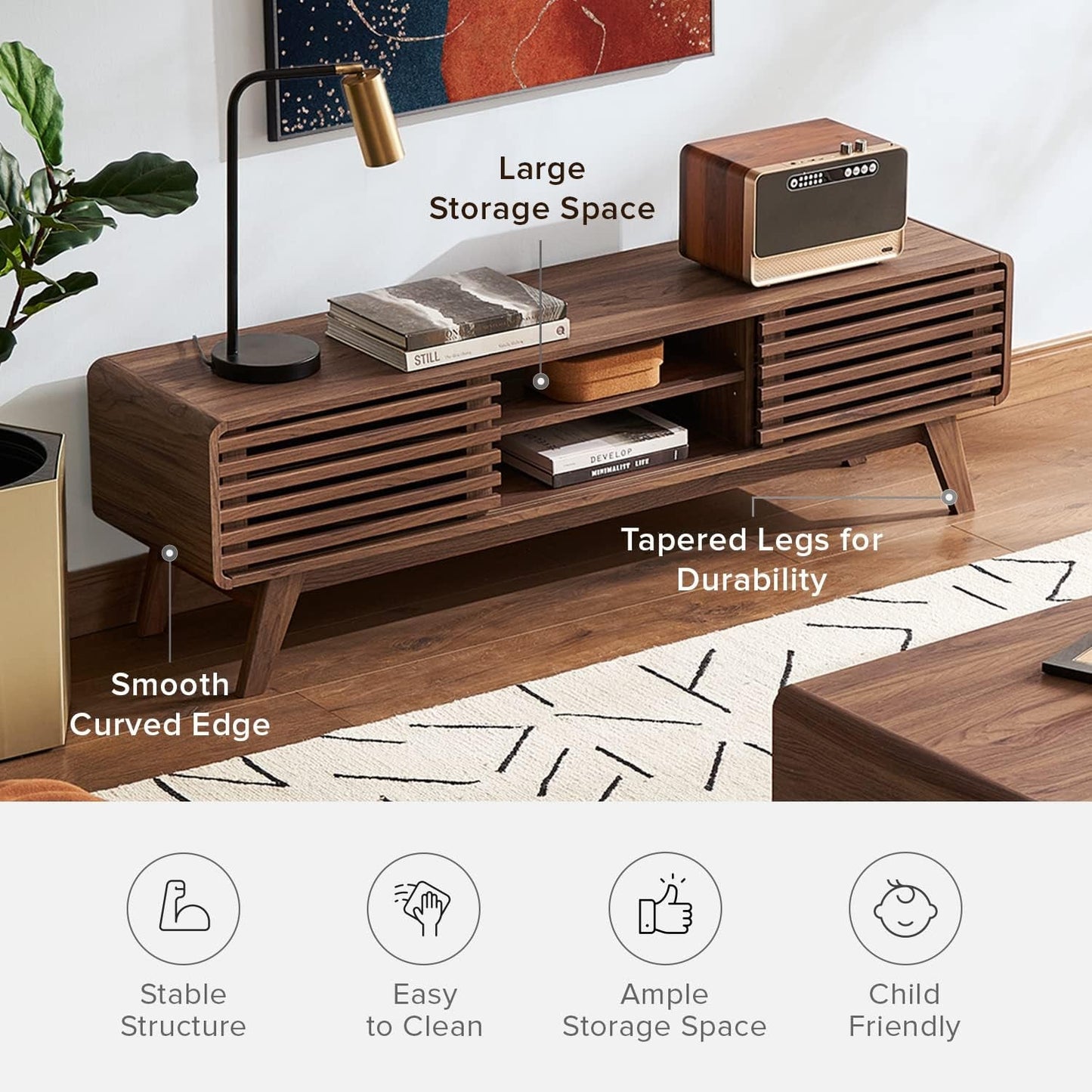 59 Inch Walnut TV Stand Mid Century Modern Console