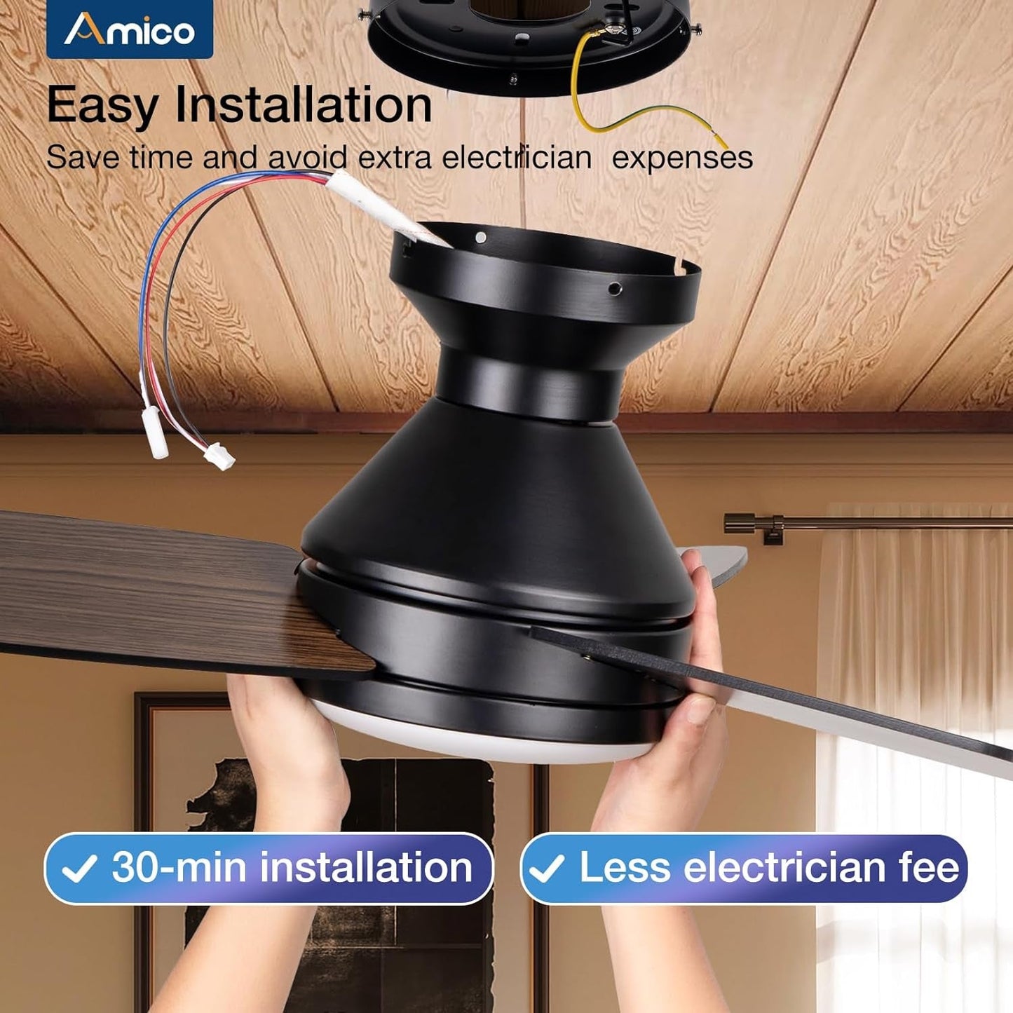 42 Inch Black Low Profile Ceiling Fan With Light And Remote