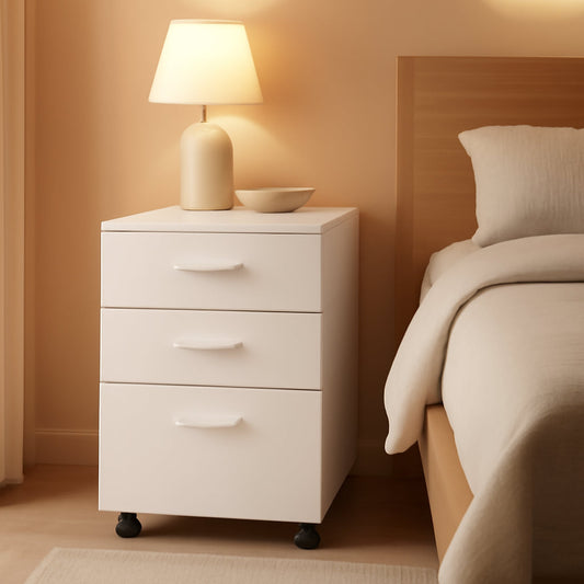 Three Drawer White Wood Mobile File Cabinet For Office Use With Letter A4 Size Compatibility Compact Storage Solution