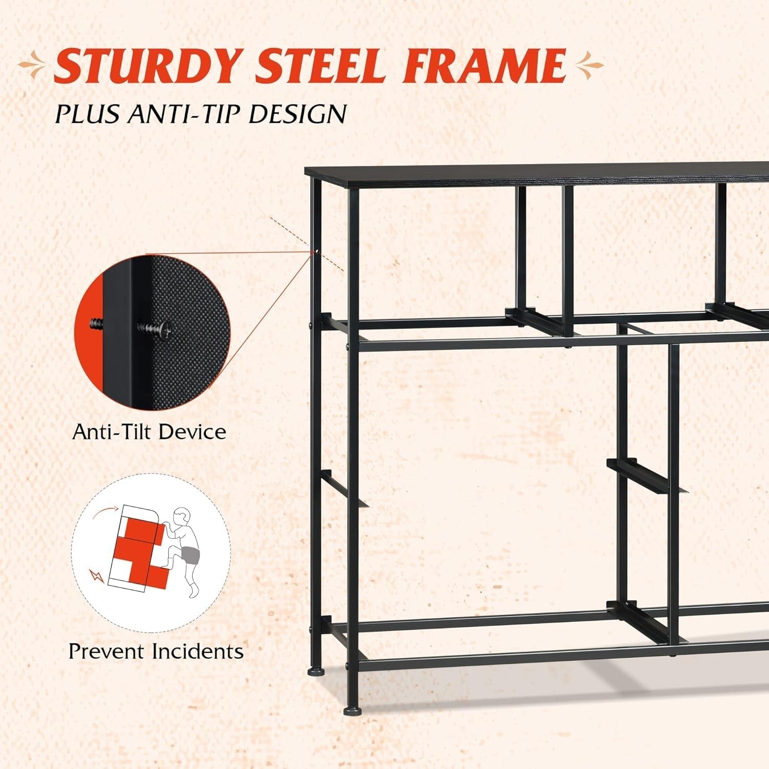 Sturdy steel frame with anti-tip design for TV stand with durable fabric drawers.