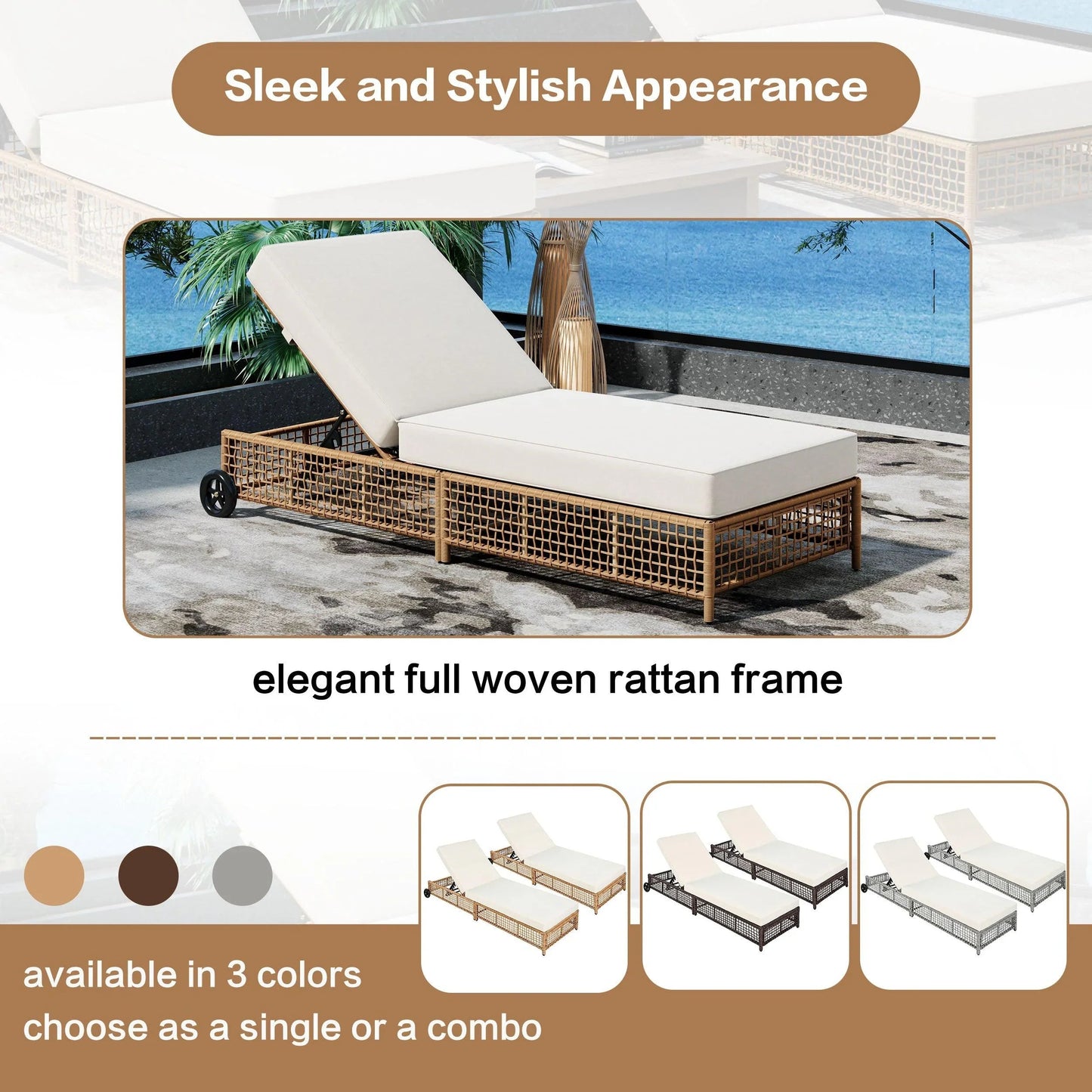Outdoor Lounge Chair, Patio Chaise Lounge with 5-Position Backrest, Rattan Outdoor Lounge Chair with Cushion and Wheels for Poolside, Backyard, Garden