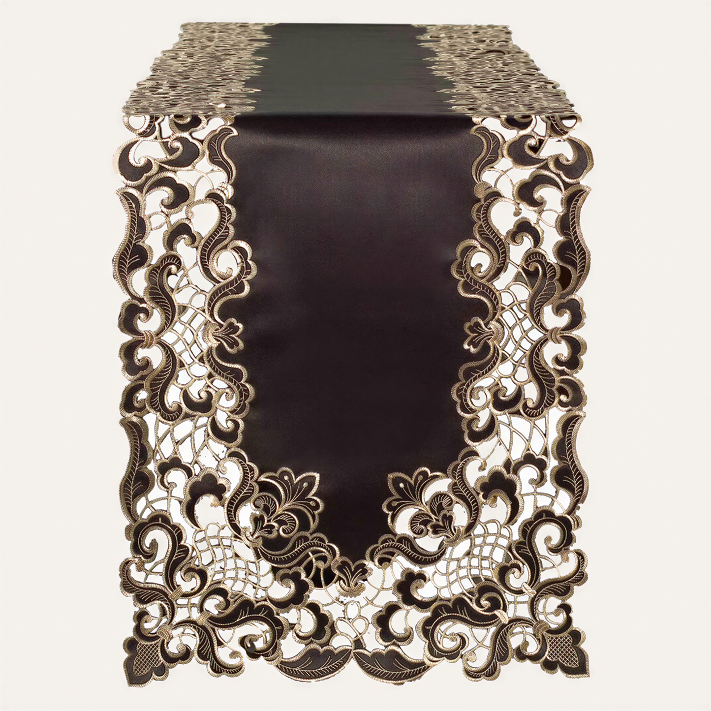 Black Gold Table Runner – Granada Collection Rustic Embroidered Linen Decor 14x108 Inch