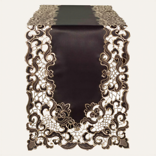 Black Gold Table Runner – Granada Collection Rustic Embroidered Linen Decor 14x108 Inch