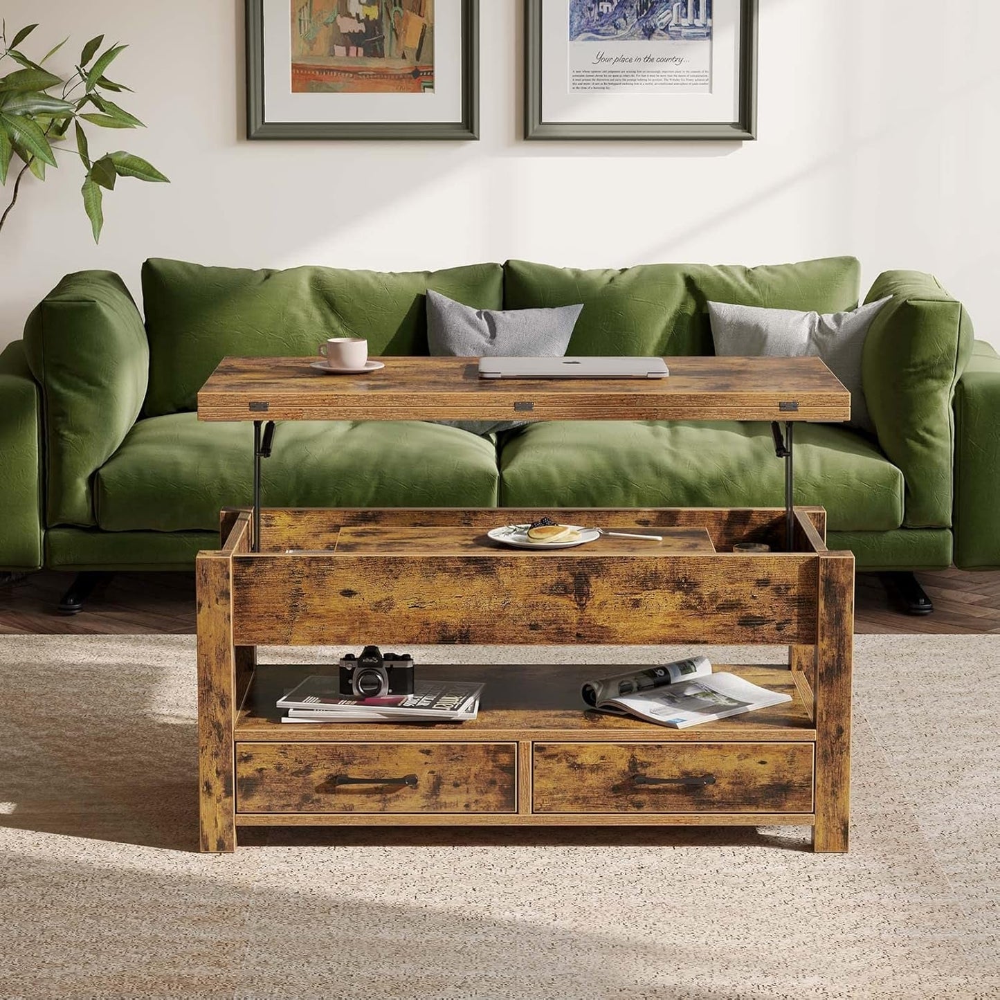 Rustic Brown Lift Top Coffee Table With Hidden Storage