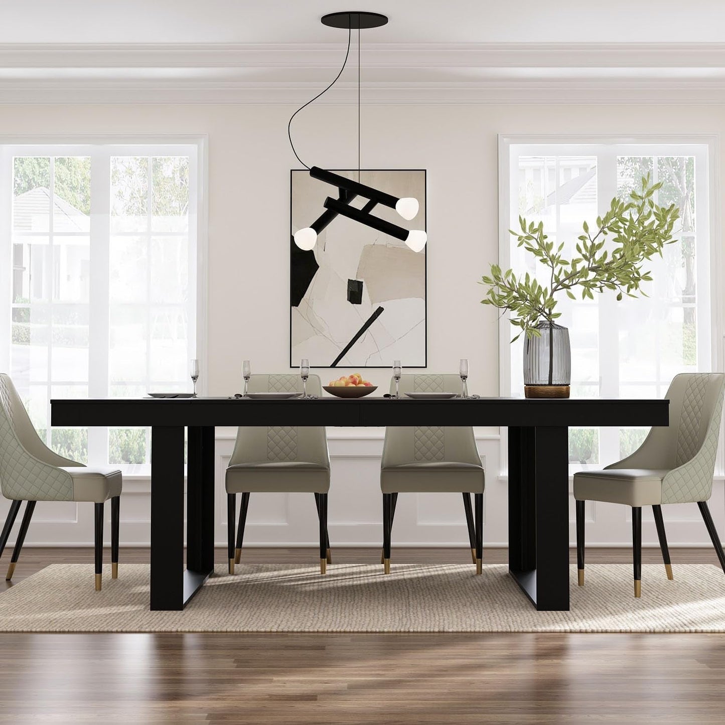 Dining Table 86.6 Inch Rectangular Wood Brown and Black Seats 8 to 10