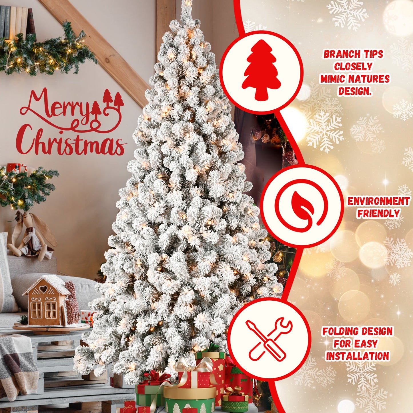 9ft Flocked Pre-Lit Christmas Tree with 650 UL Warm Lights