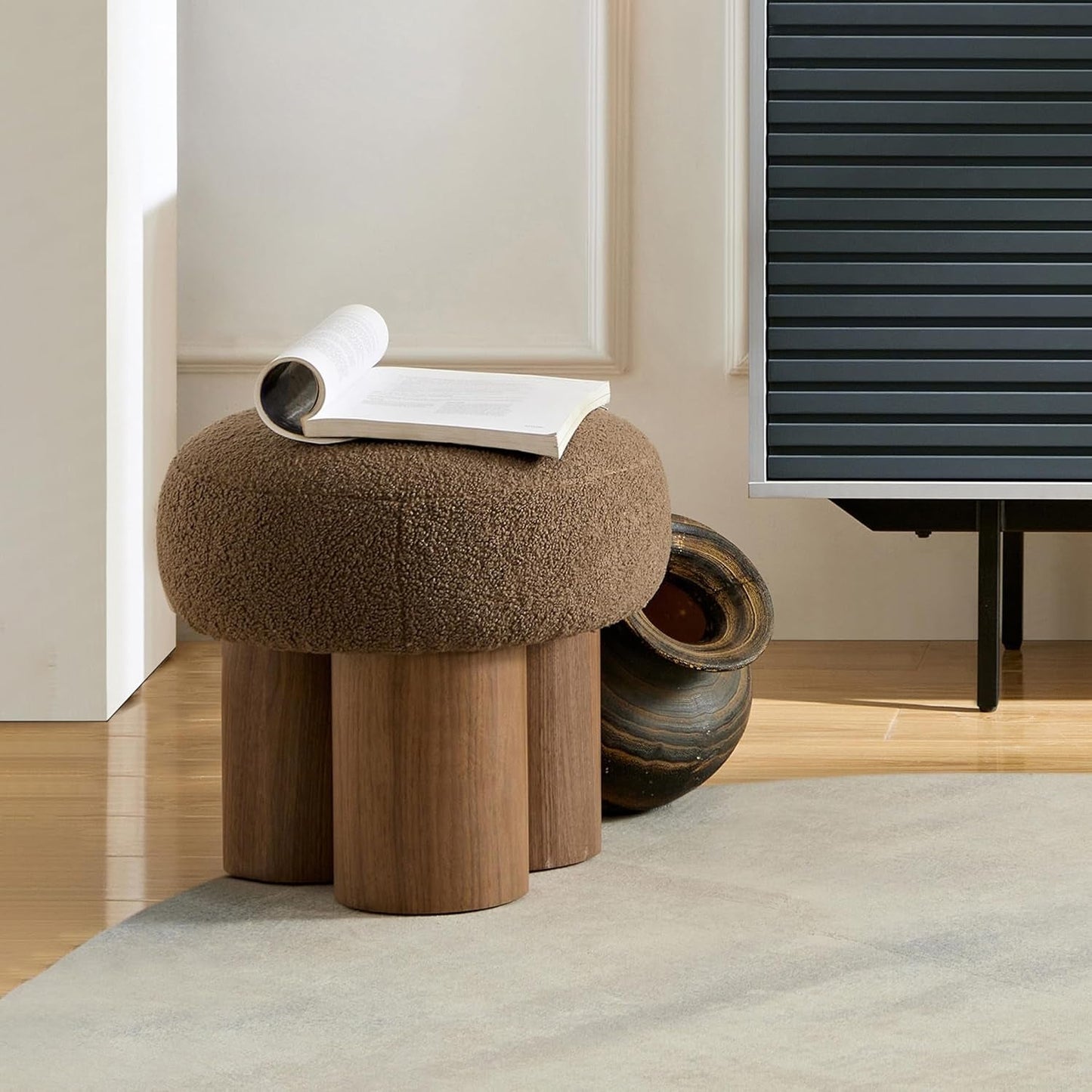 Luxurious Dark Brown Boucle Round Ottoman Footstool