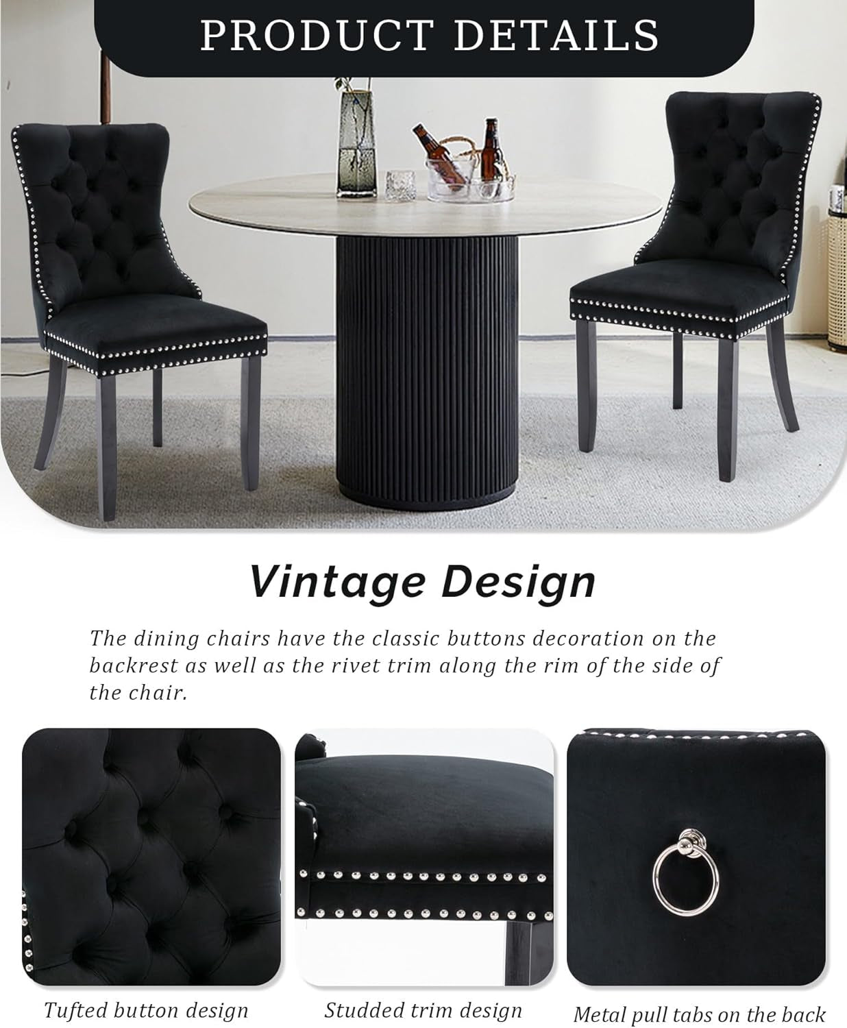 Black Velvet Tufted Dining Chairs With Nailhead Trim Set of 2