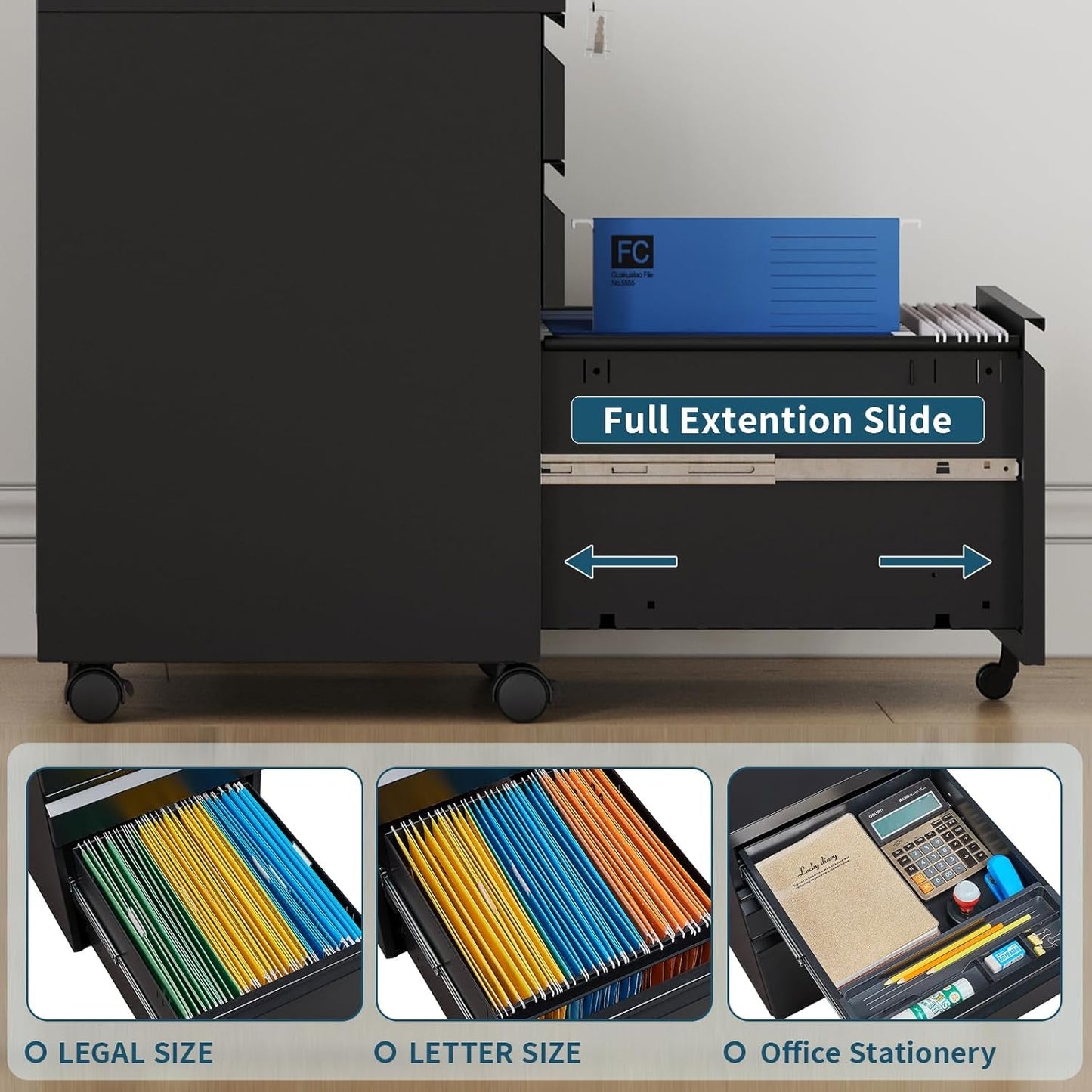 Three Drawer File Cabinet On Wheels With Lock Black Metal