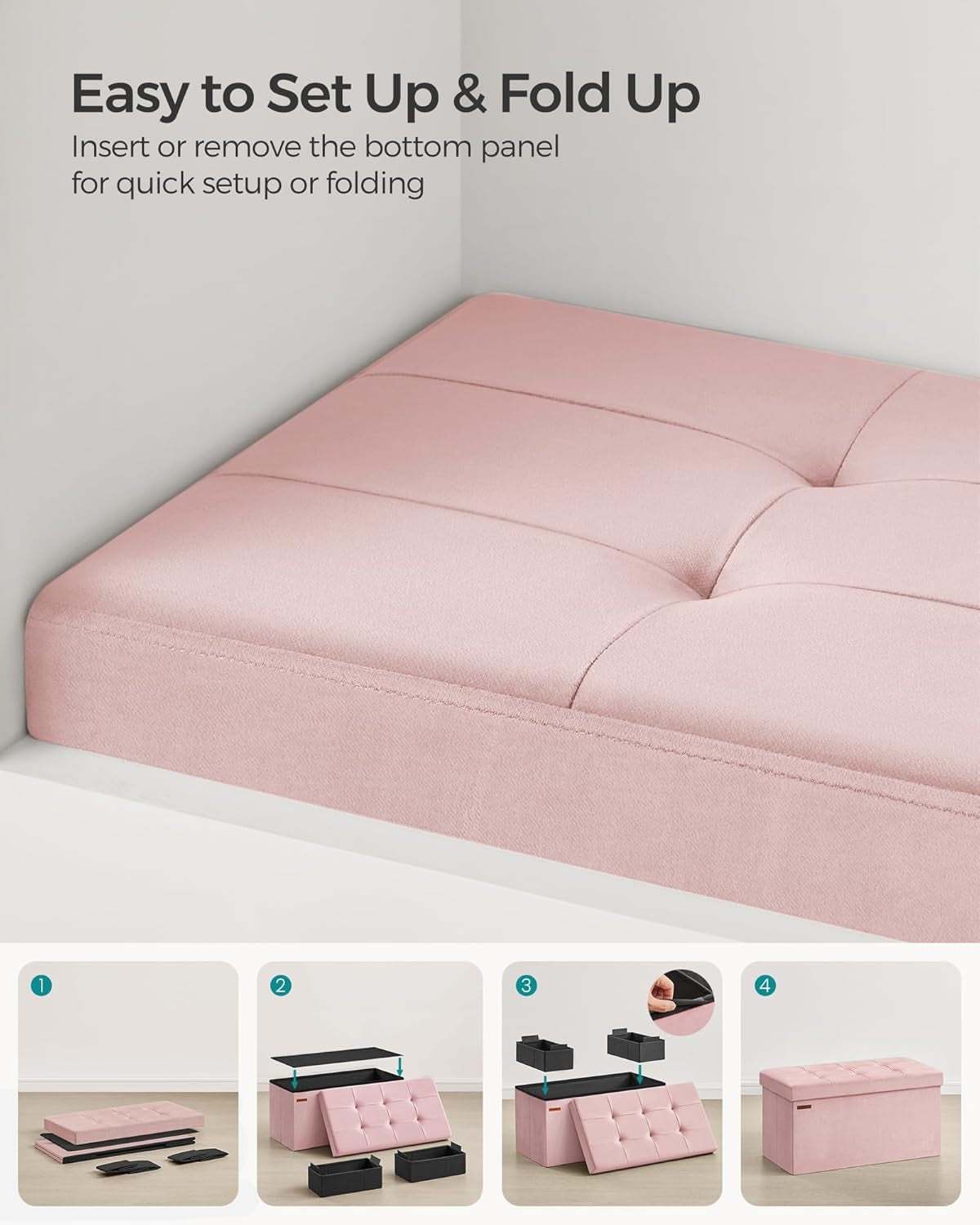 Pink Foldable Storage Ottoman Bench 15x30x15
