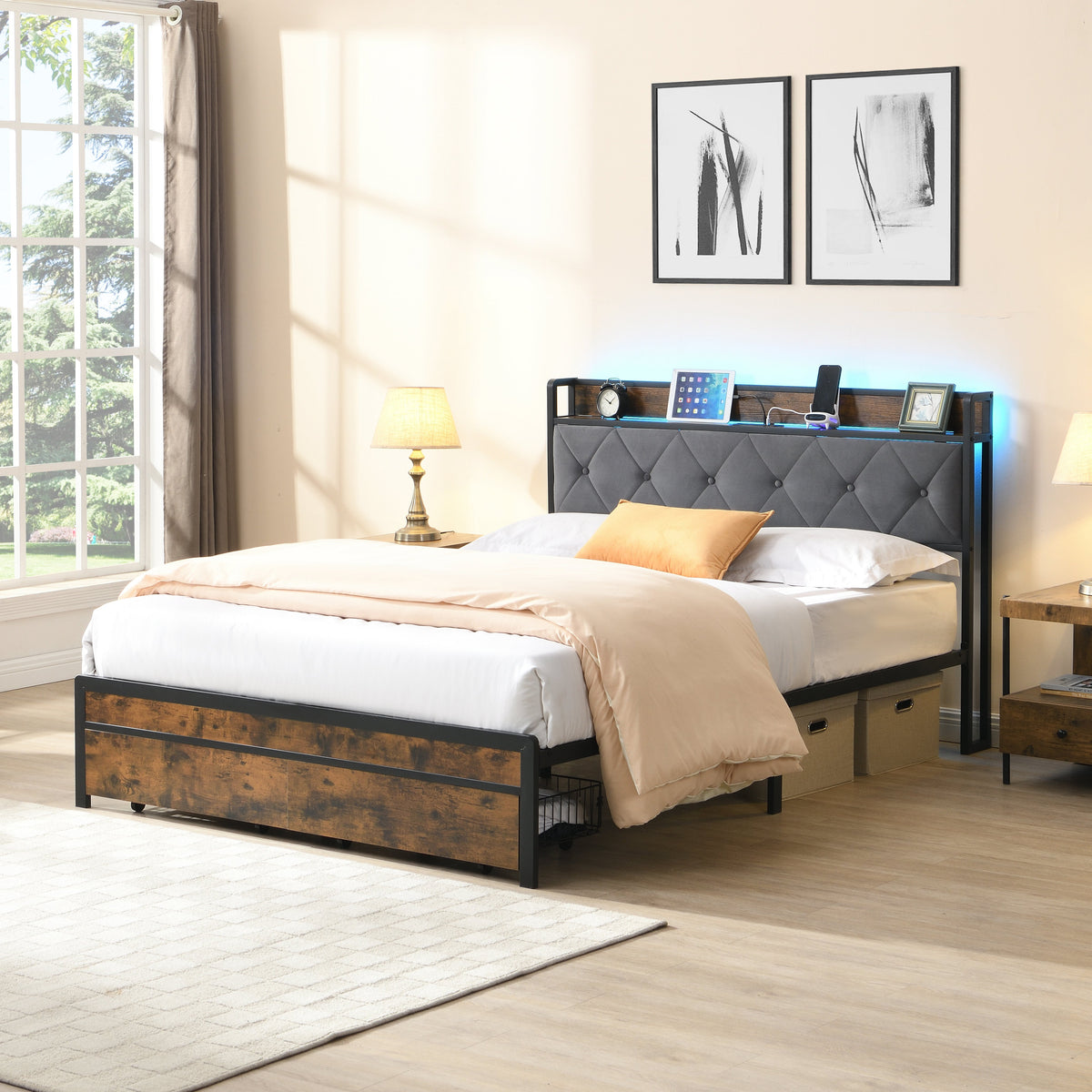 Full Bed Frame with Storage and LED Lights