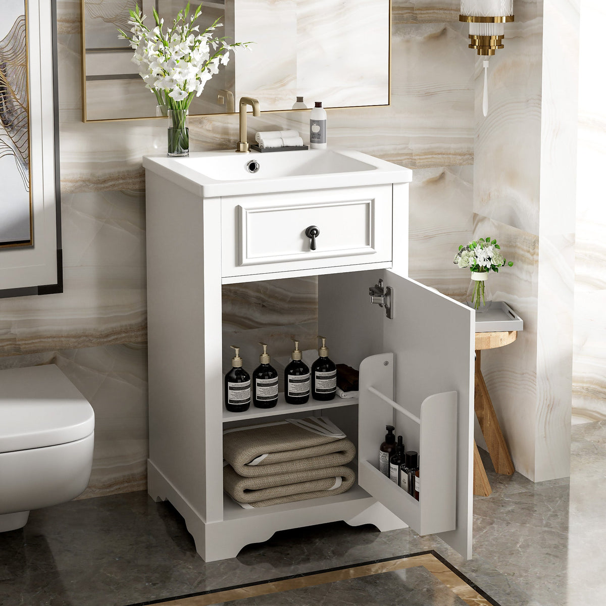 20-Inch Bathroom Vanity with Ceramic Sink, Soft Close Door & Storage Rack