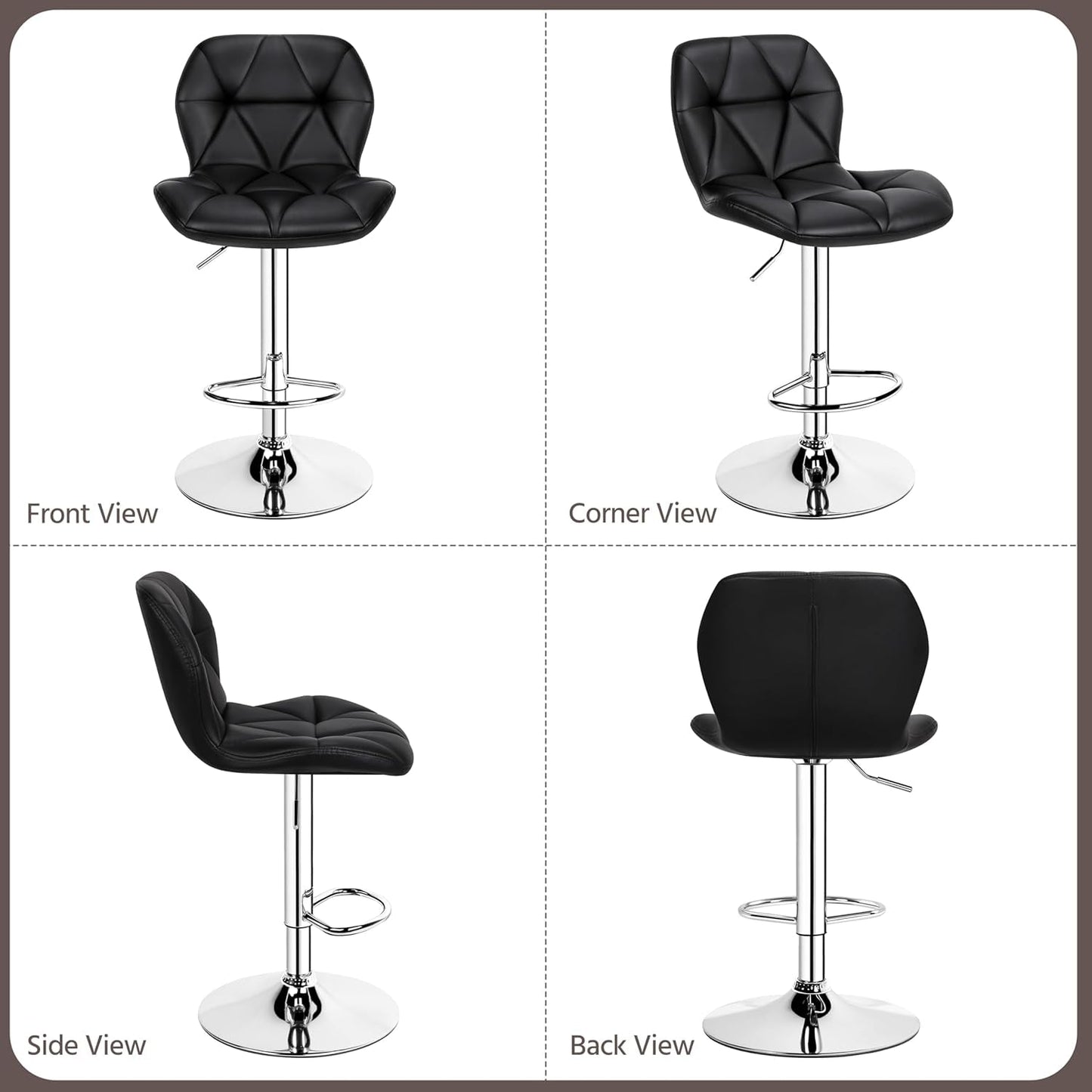 Set Of 2 Modern Adjustable Black PU Leather Bar Stools
