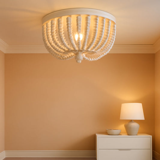 Two Light White Wood Beaded Boho Flush Mount Chandelier For Nursery And Bedroom Decor