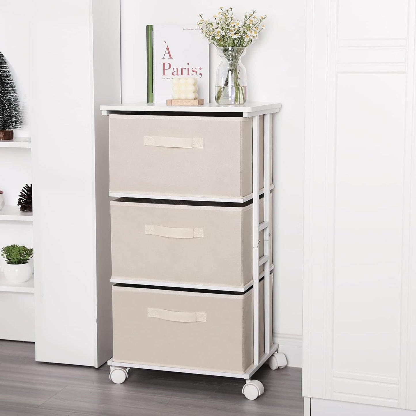 Beige Dresser Tower With 3 Drawers And Wood Top Fabric